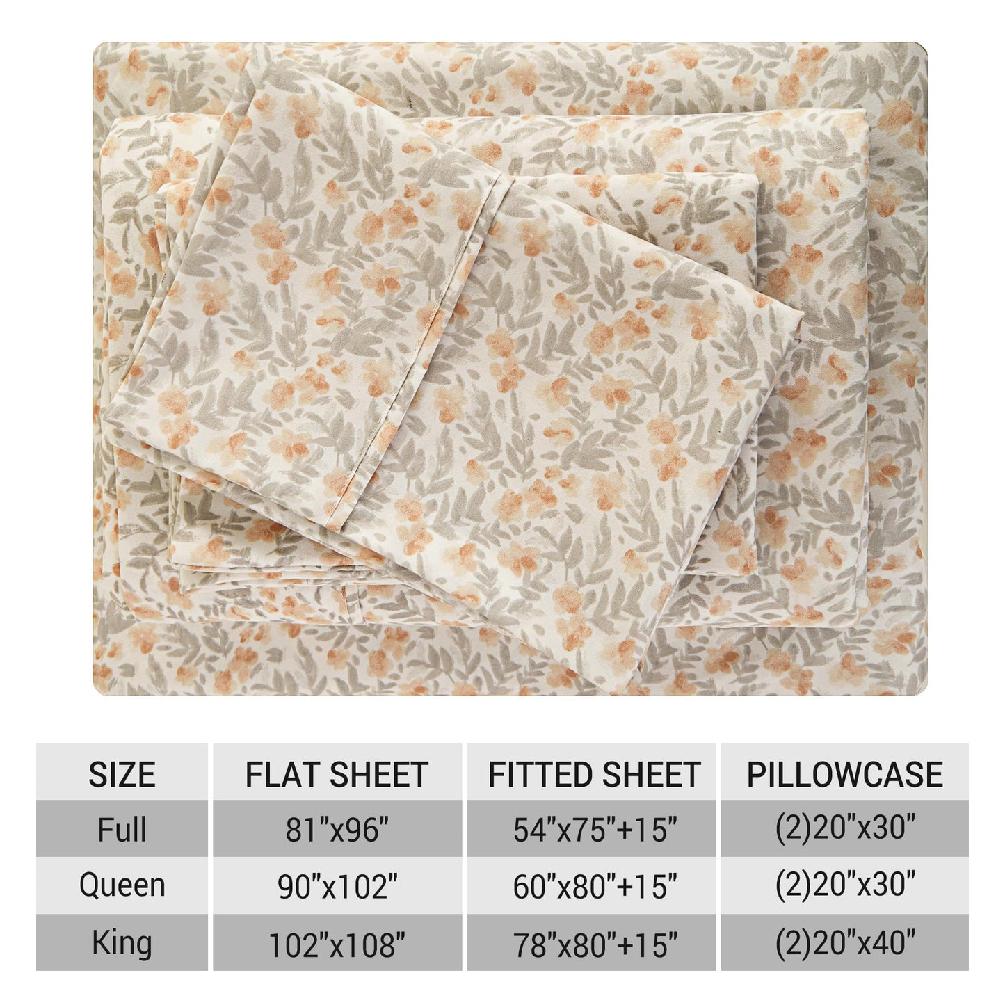 Viviland Floral Queen Sheet Set - 4 Piece Vintage Light Orange Flower Patterned Bed Sheets - Soft, Breathable Microfiber Sheets with Deep Pocket, Non-Slip Fitted Sheets & Pillowcases