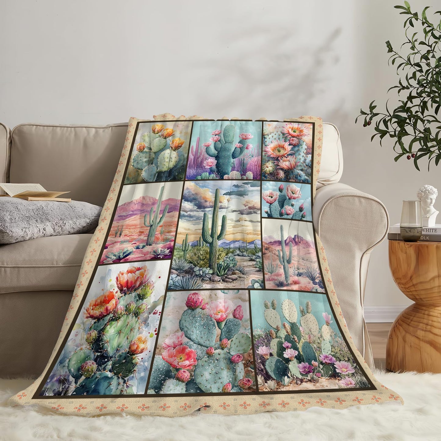 Cactus Blanket Soft Fuzzy Fleece Botanical Desert Cacti Throw Blanket Decor Cozy Warm Plush Flannel Blanket Gifts Boys Girls Men Women Home Chair Sofa Couch Bed 50"X40"