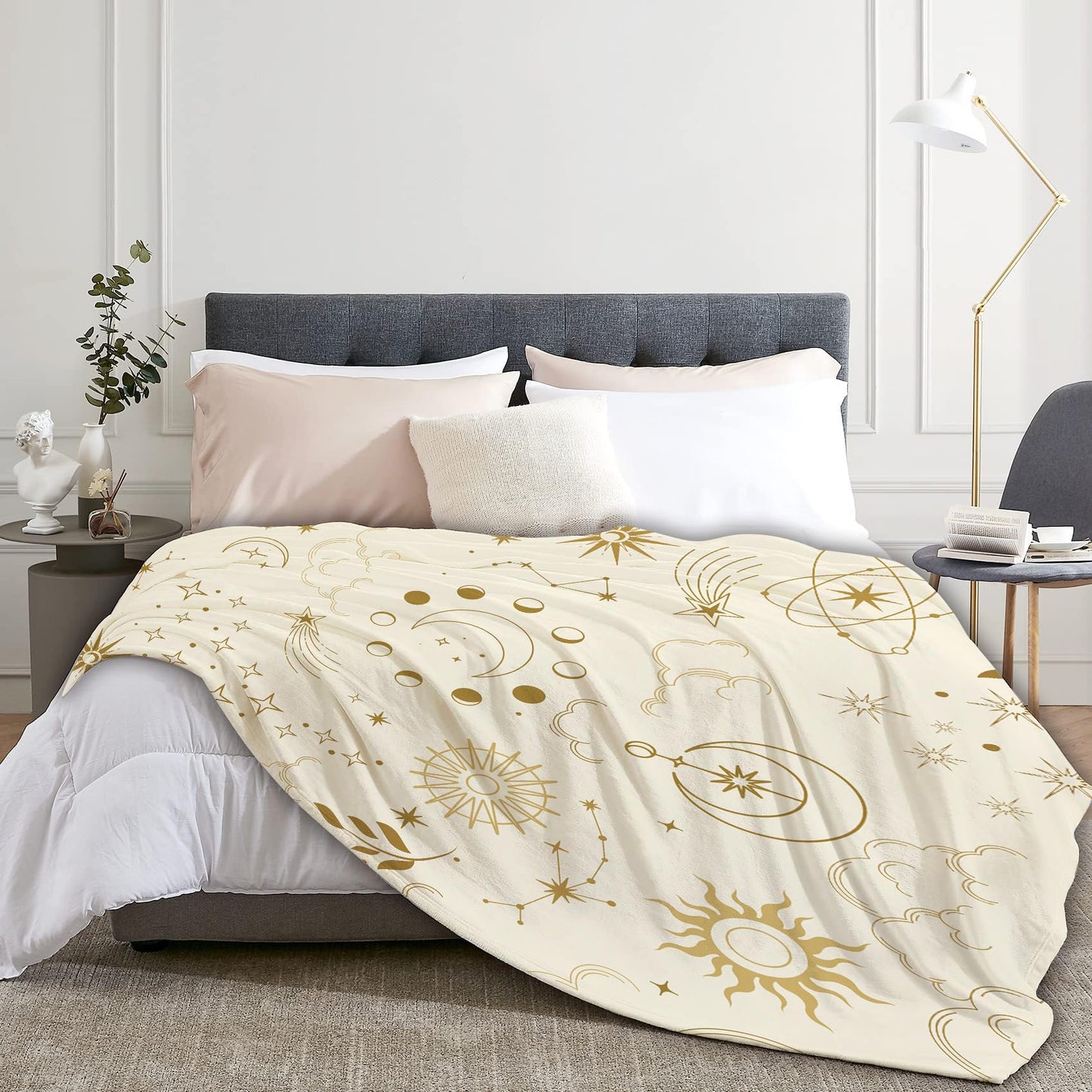Miyotaa Celestial Constellation Astrology Blanket 50Wx60H Inch Sun Moon Phase Mysterious Beige Crescent Tarot Witchy Gift Warm Fuzzy Throw Blanket for Sofa Bed Throws Birthday Presents
