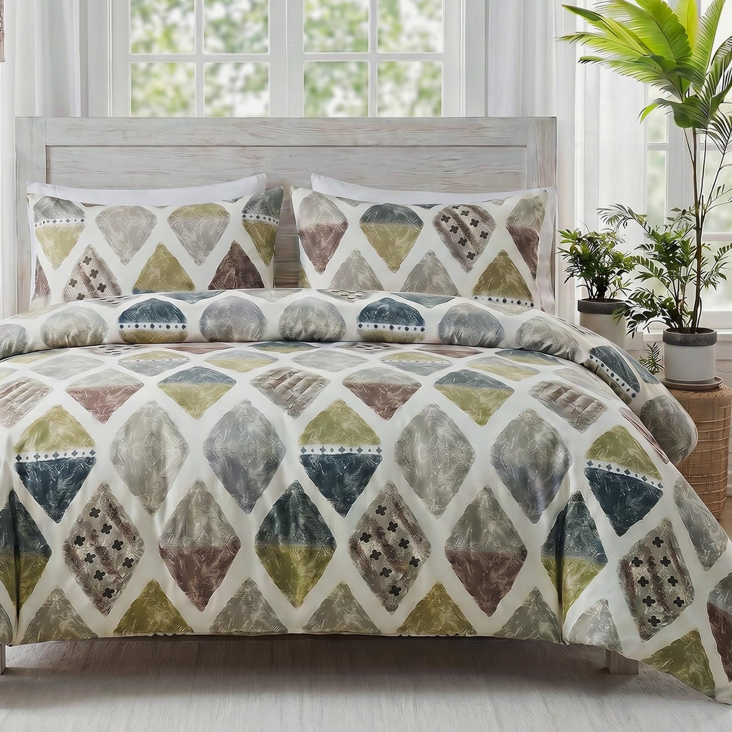 Cozaline 100% Cotton Duvet Cover Set Queen – Green Geometric Bedding Set 3 Pieces, Soft Lightweight Comforter Cover with Zipper Closure, Contemporary Color Aesthetic Bed Set