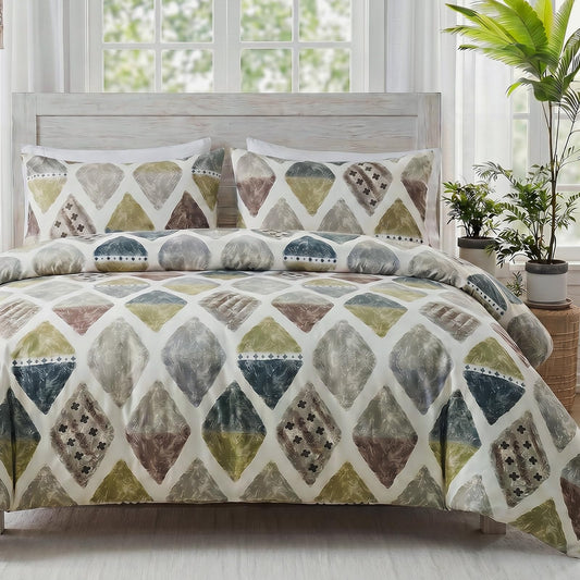 Cozaline 100% Cotton Duvet Cover Set Queen – Green Geometric Bedding Set 3 Pieces, Soft Lightweight Comforter Cover with Zipper Closure, Contemporary Color Aesthetic Bed Set