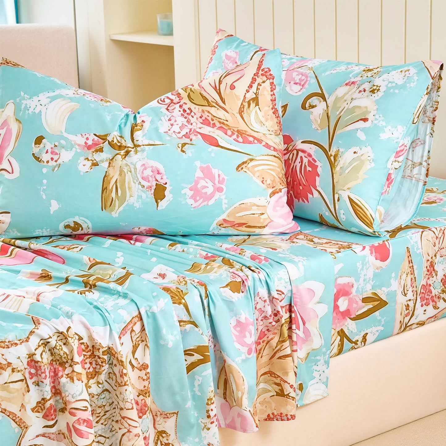 Zusbest Blue Paisley Sheets Queen Size 100% Cotton Satin Weave Pink Floral Bed Sheet Set Abstract Design, Soft Cooling for Hot Sleepers, Luxury Shabby-Chic Countryside Bed Set Deep Pocket 17.5‘’
