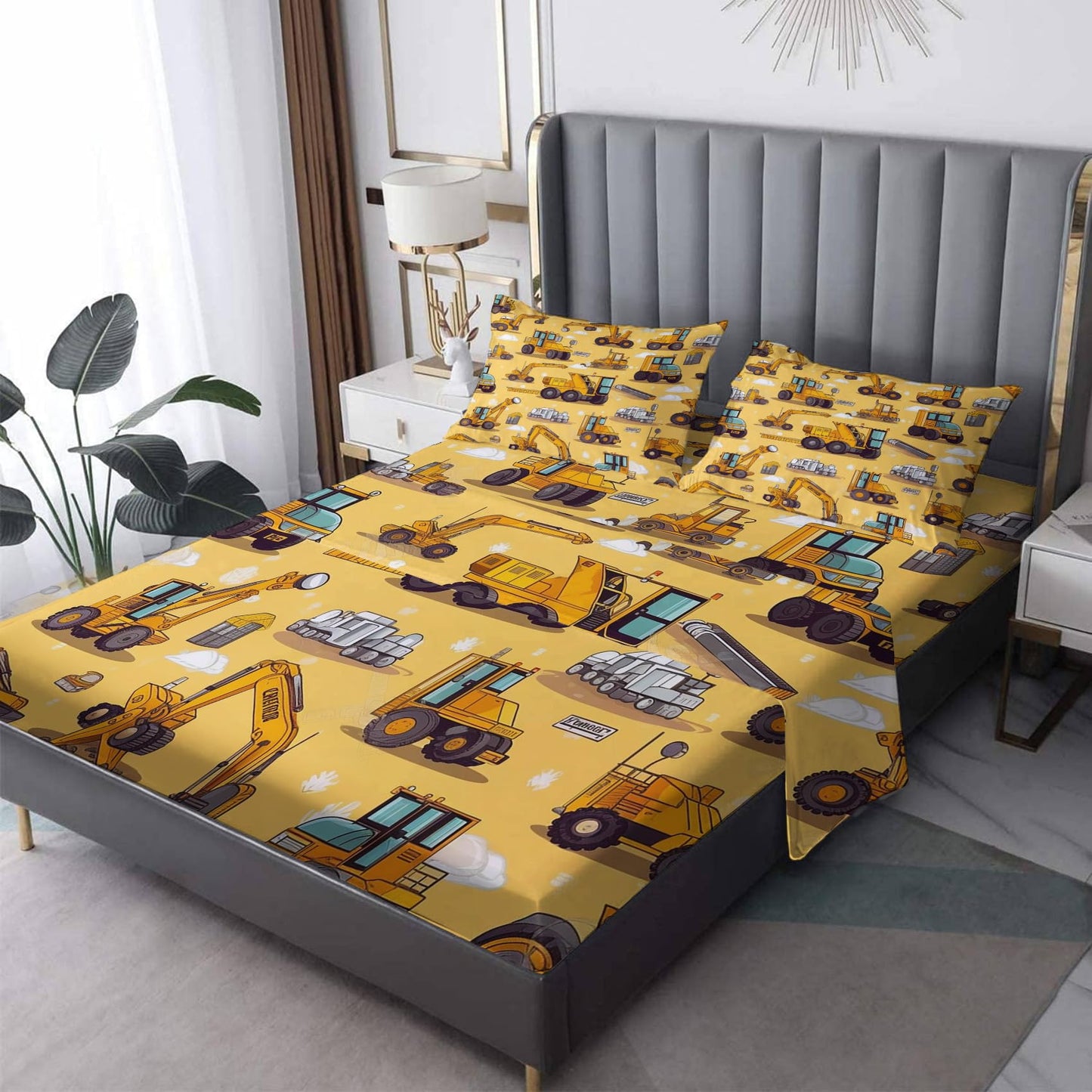 zcsm Construction Sheets King Sheet Sets - Kids Bed Sheets, Soft Microfiber & Deep Pocket & Wrinkle Free Patterned Bedding Sheets & Pillowcases, 4 Piece (1 Fitted Sheet, 1 Flat Sheet, 2 Pillow Cases)