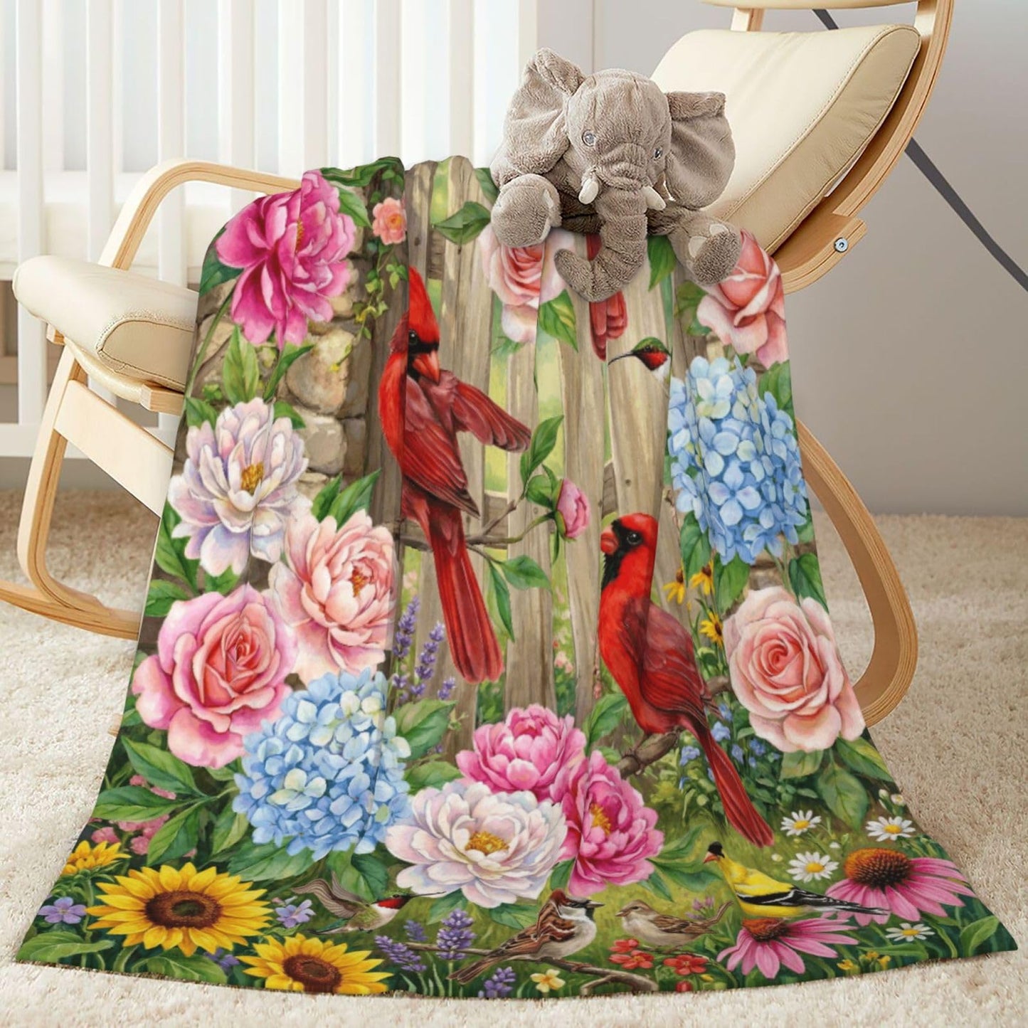 Gbuzozie Rustic Cardinal and Sunflowers Fleece Blanket Lightweight Ultra-Soft Spring Summer Flowers Birds Throw Blanket for Sofa Couch Bed Camping Travel - Super Soft Cozy Microfiber Blanket 50"X40"