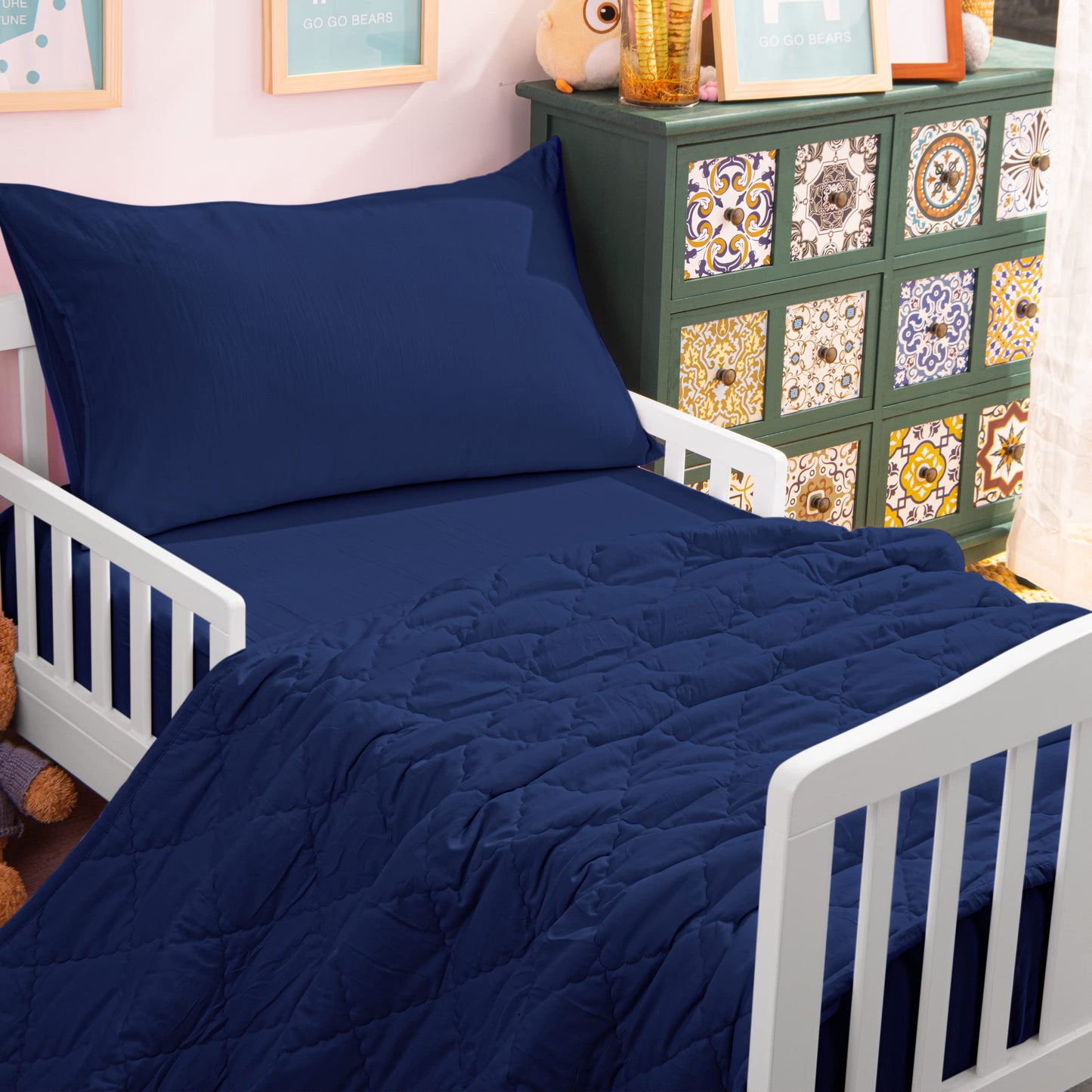 NTBAY Toddler Bedding Set - 4 Piece Soft and Breathable Crib Bedding Set for Boys and Girls, Includes Quilted Comforter, Fitted Sheet, Flat Top Sheet and Envelope Pillowcase, Navy Blue