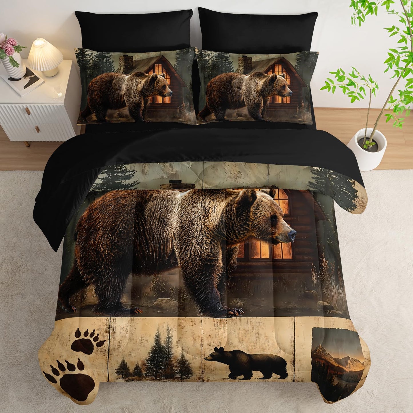 AILONEN Rustic Bear Comforter Set Queen Size - 7Pcs Bedding Soft Bed in a Bag - Hunting Comforter & Fitted Sheet & Flat Sheet & 2 Pillowcases & 2 Pillow Shams for Kids Boys Adults
