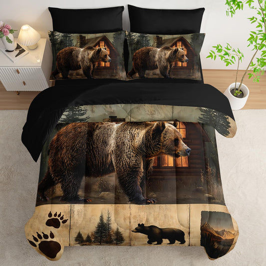 AILONEN Rustic Bear Comforter Set Queen Size - 7Pcs Bedding Soft Bed in a Bag - Hunting Comforter & Fitted Sheet & Flat Sheet & 2 Pillowcases & 2 Pillow Shams for Kids Boys Adults