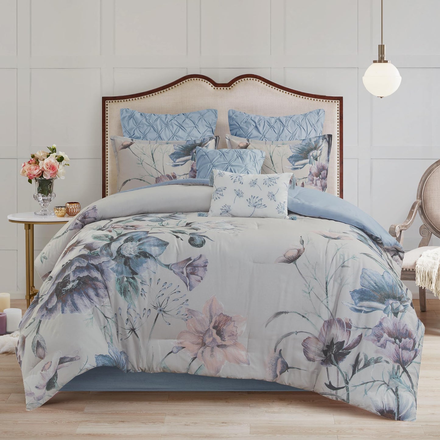 Madison Park Cassandra Cotton Blend Comforter Set - Feminine Design Colorful Floral Print, All Season Down Alternative Bedding Layer and Matching Shams, Queen (90 in x 90 in), Blue 8 Piece