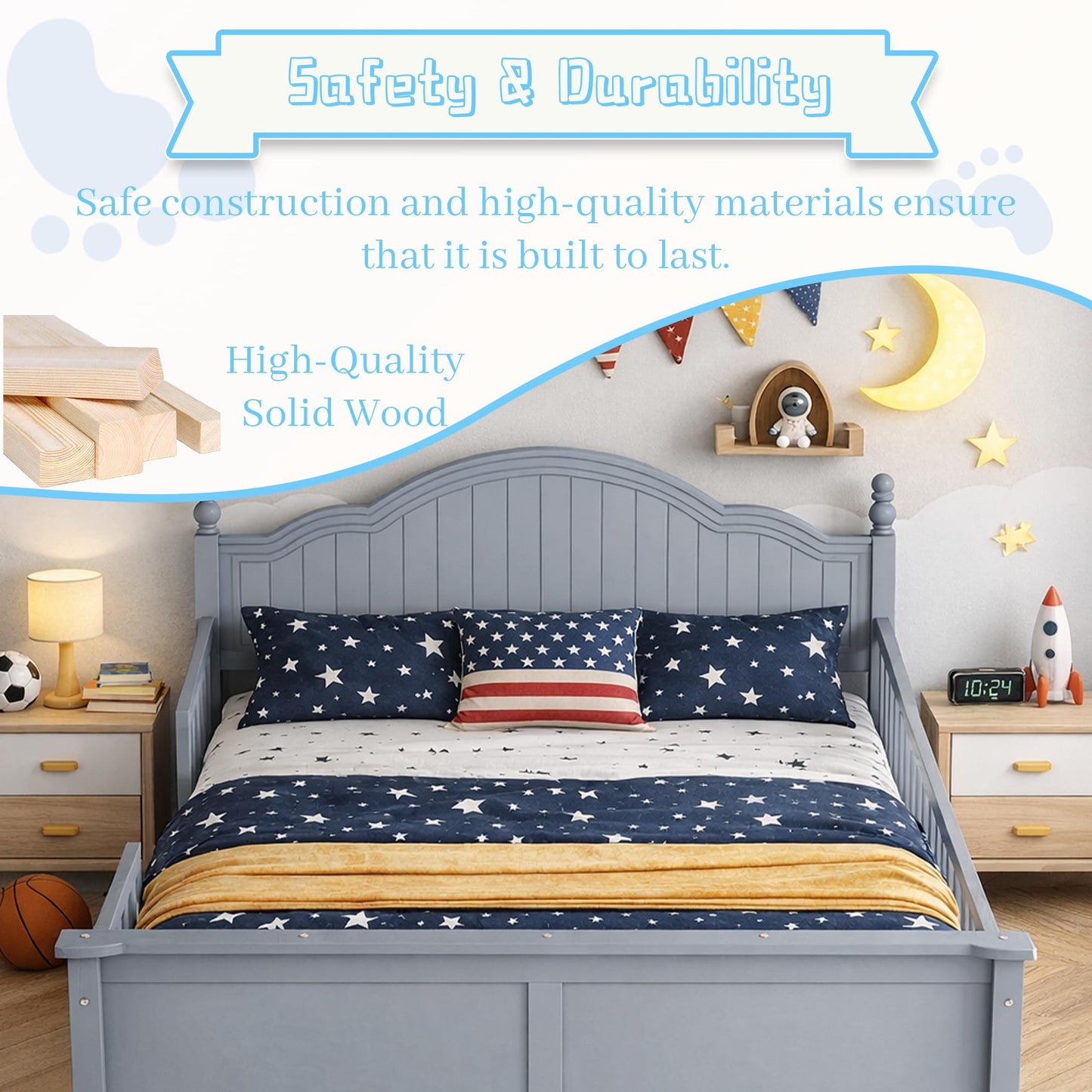 OYUMOENTS Full Size Bed Frame Kids, Low Profile Kids Full Size Bed Frame with Headboard and Footboard, Wood Platform Beds with Rails for Boys & Gilrs, No Spring Box Required, No Squeaks, Gray