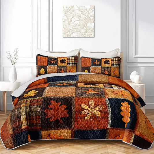 XYNHML Fall Maple Leaf Printed Quilts Bedding Full 3Pcs Brown Rustic Leaves Quilt Bed Set Grid Patchwork Lightweight Soft Bedspread Coverlet with 2 Pillowcases for Kid Boy Girl Teen Adult Bed Decor