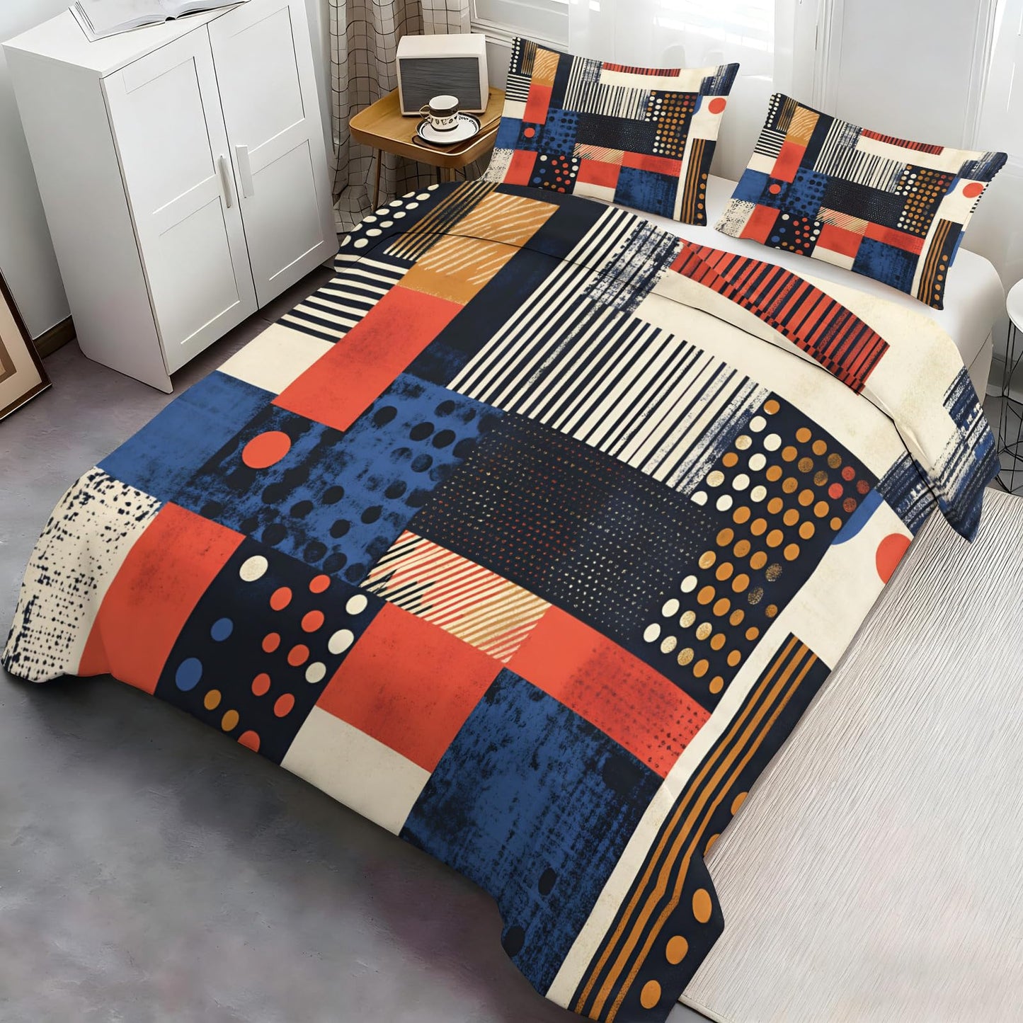 GKPLY Geometric Blocks Comforter Set King, Strip Dot Distressed Duvet Cover Set, Mid Century Bedding Set & Home Decor, Zipper & Ties, Reversible Print - Boho Abstract Quilt & 2 Pillow Cases