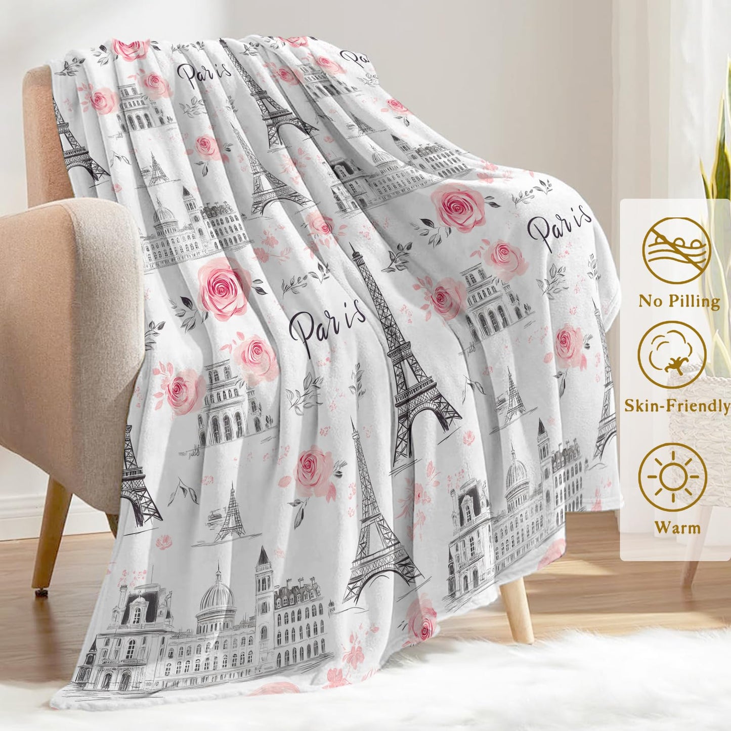 ainori Paris Romance Flannel Blanket - Parisian Eiffel Tower and French Architecture with Pink Rose Throw - Soft Cozy Gifts Blankets for Travel Lovers,Kids,Women,Romantic Room Decor 50x60in