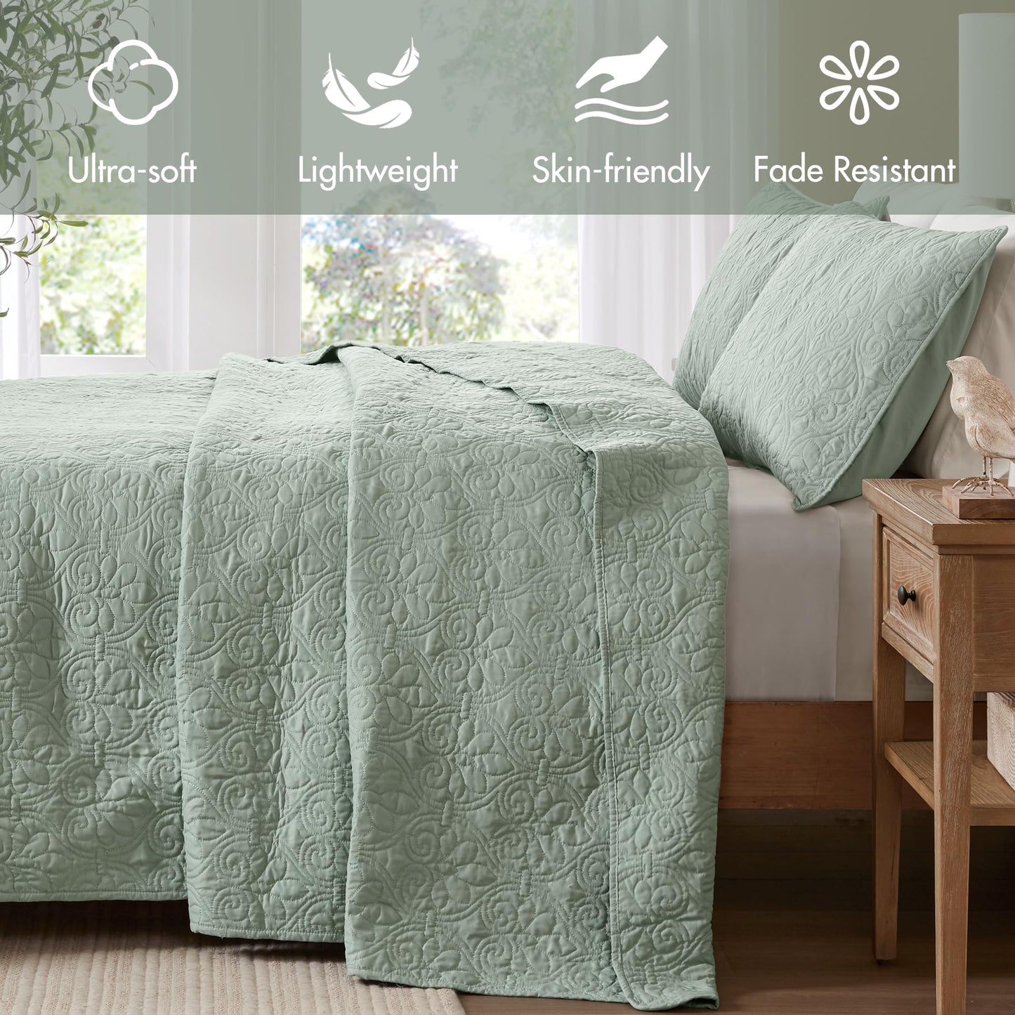 Madison Park Quebec Reversible Quilt Set Damask Design, Double Sided Stitching All Season, Lightweight Bedspread Bedding Set, Matching Sham, Seafoam, Full(96"x110") 3 Piece