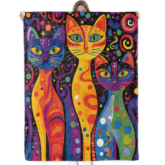 Bidesk Colorful Abstract Cat Blanket Soft Cozy Flannel Throw Blanket, Warm Yet Lightweight Pop Art Style Cats Blankets for Travel, Couch, Bed, for Adults Women Men, Fuzzy Outdoor Comfort Wrap 60"×50"