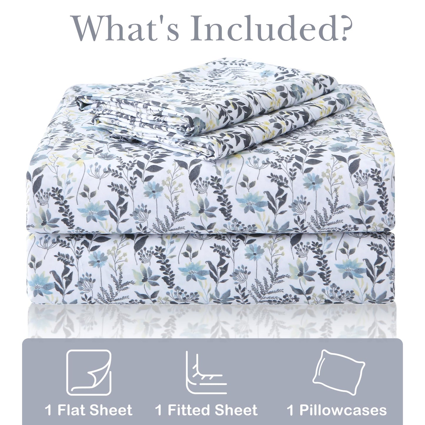 Mooreeke Cozy Vintage Microfiber Printed Twin Sheet Set - Soft Breathable Floral Bed Sheets with Deep Pocket - Non-Slip Fitted Design - Yellow Blue Gray Gradient Flowers Pattern