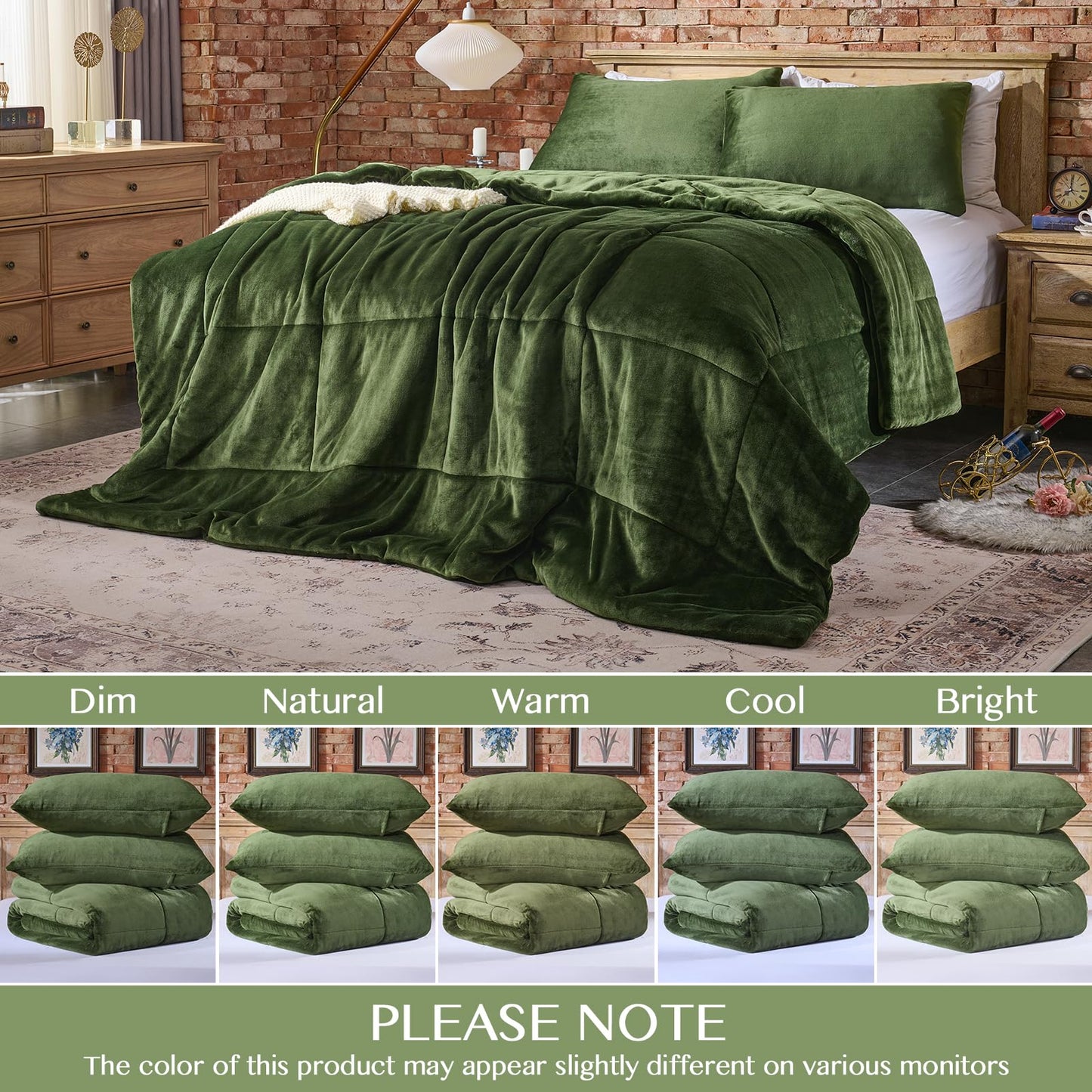 Lotus Karen Queen Comforter Set - Ultra Soft & Warm Velvet Dark Green Comforter Set for Men Women - Cozy Fuzzy Plush Fluffy Luxury Bedding Set 3 Pieces (1 Comforter and 2 Pillowcases)