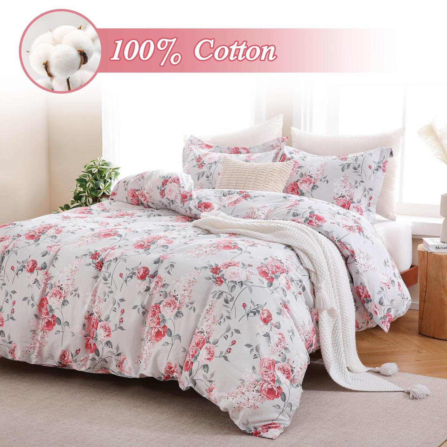 Ocharo Pink Floral Duvet Cover Set King Size 100% Cotton,Reversible Romantic Garden Rose Print Bedding Set for Girls Women,Soft 3 Pieces Cute Chic Style Comforter Cover with 2 Pillow Sham(20"x26")