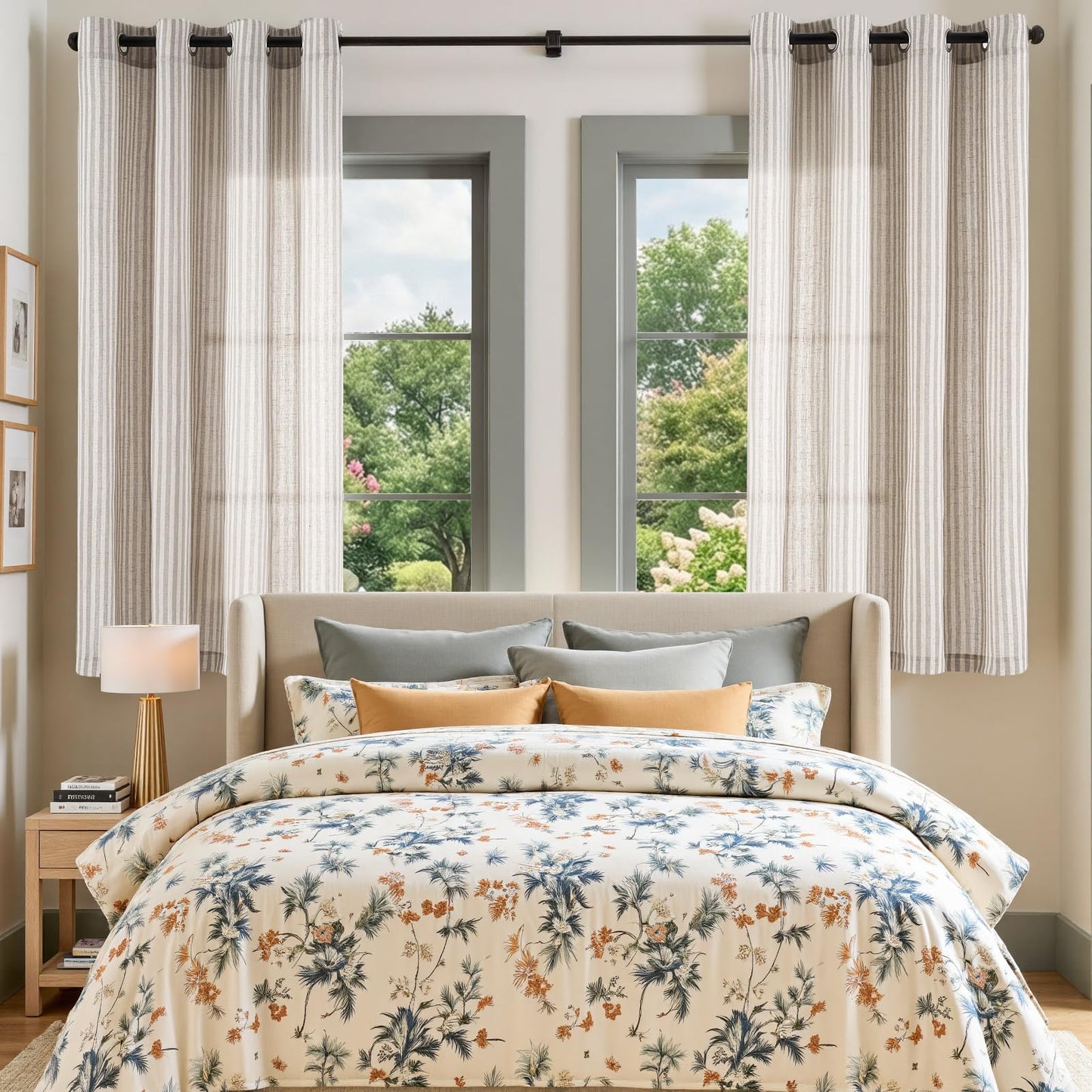 Vangao Linen Striped Curtains for Living Room Bedroom Farmhouse Tickingstripe Light Filtering Window Curtains Printed Drapes Grommet Top 2 Panels Grey W50 x L63 Inch