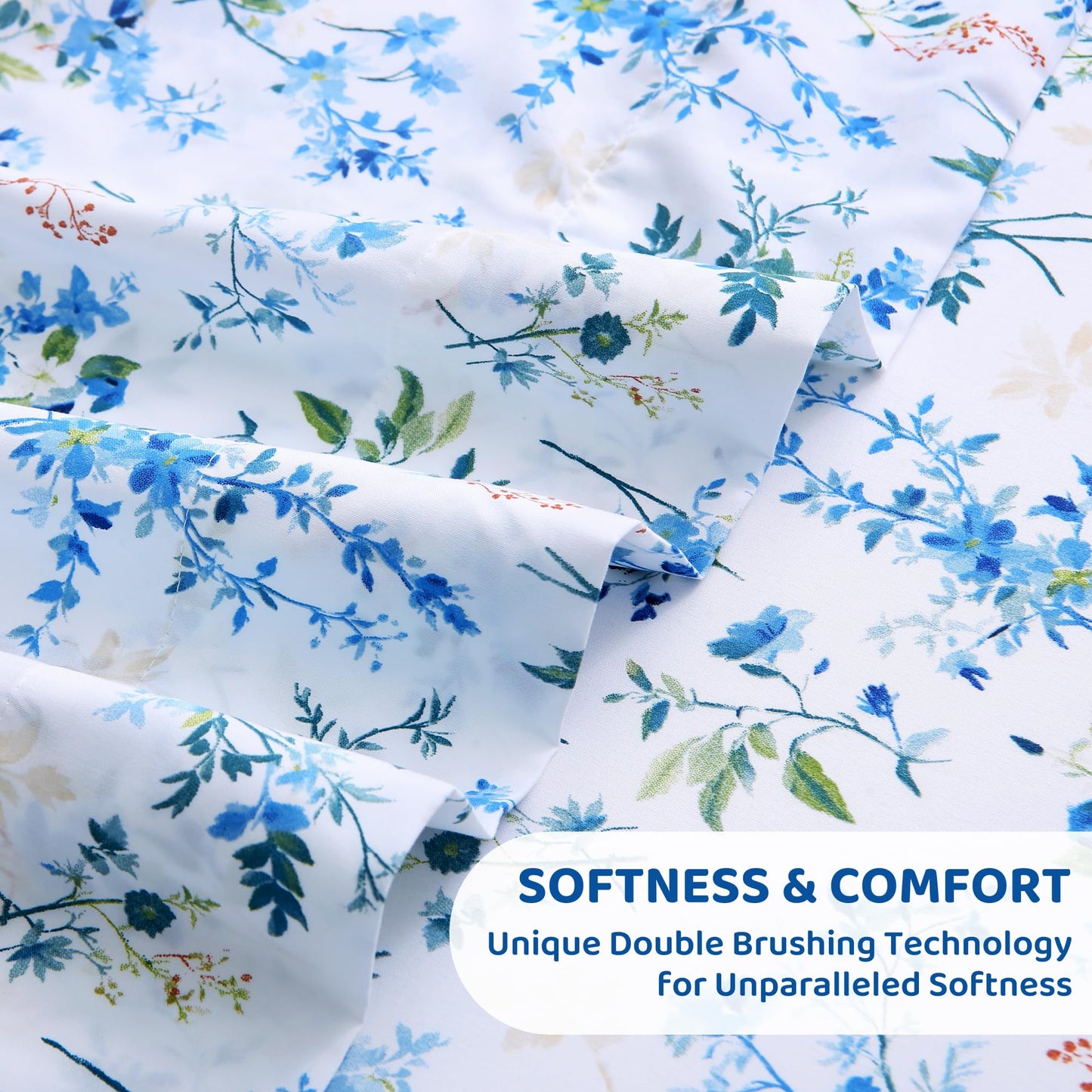 Mooreeke Cozy Vintage Microfiber Printed Full Sheet Set - Soft & Breathable Percale Blue Green Floral Bed Sheets with Extra Deep Pocket - Non-Slip Fitted Design - Blue Green Flower Pattern
