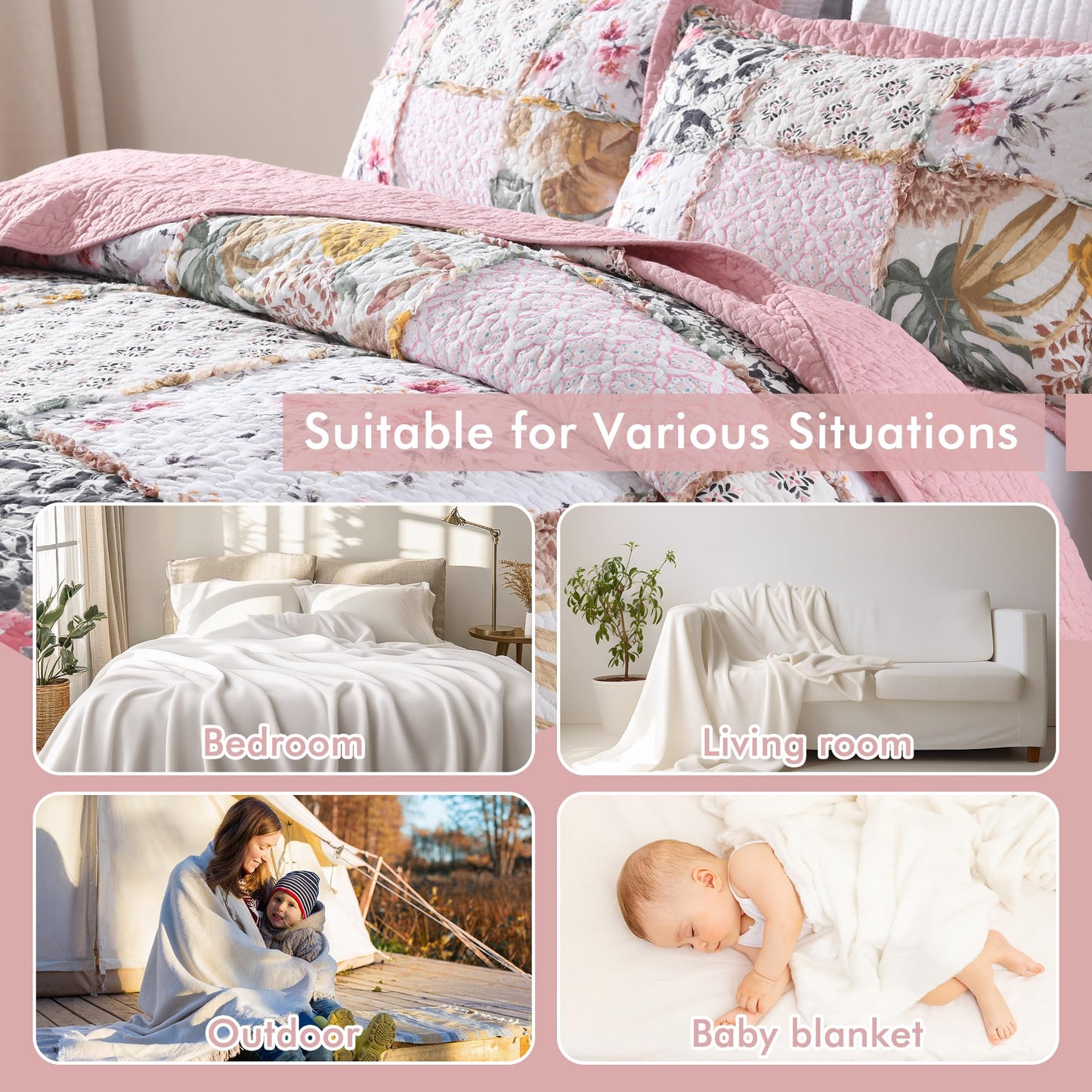 Etwel 100% Cotton Patchwork Queen Size Quilt Set - Lightweight Breathable Reversible Bedspread for Hot Sleepers, Farmhouse Bedding Set with 2 Pillow Shams for All Season (90"x90", Pink Floral Plaid)