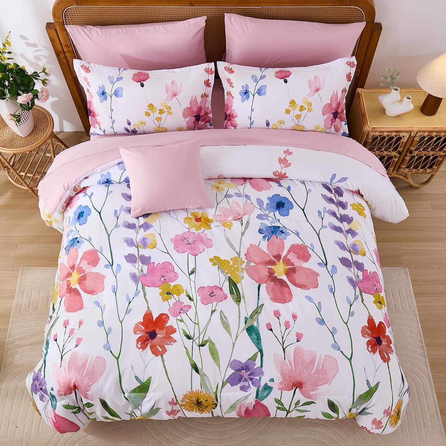 Annibedding Pink Floral Queen Comforter Set, 8 Piece Soft Microfiber Flower Bed in a Bag Bedding Set with Pillowcase and Sheets for All Season (90"x90")
