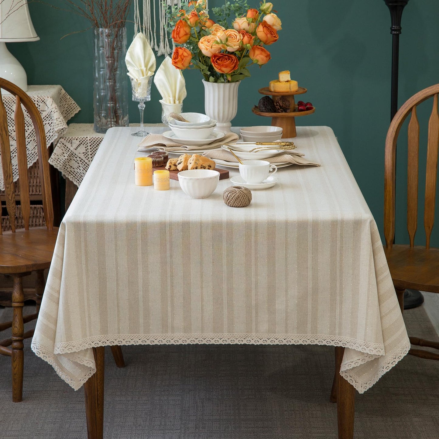 Linen Textured Rectangle/Oblong Tablecloth with Lace Trim Yarn-dyed Golden Purl StripeTable Cover for Buffet Banquet Parties Event Holiday Farmhouse Kitchen Dining Table Cloth Decor 52x70 In