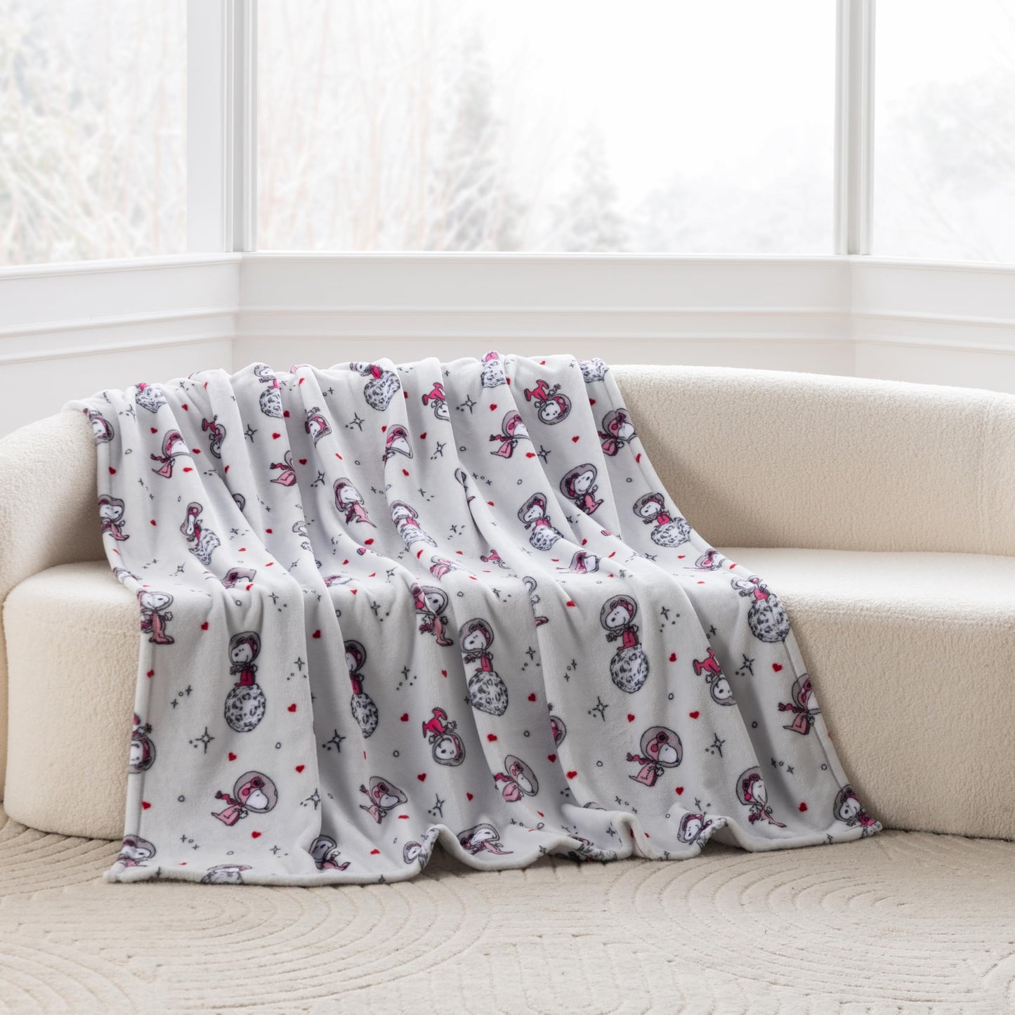 Berkshire Peanuts® VelvetLoft® Cute Character Snoopy Plush Throw Blanket,Over the Moon for You Light Grey,Throw 55 in x 70 in (Official Peanuts® Product)