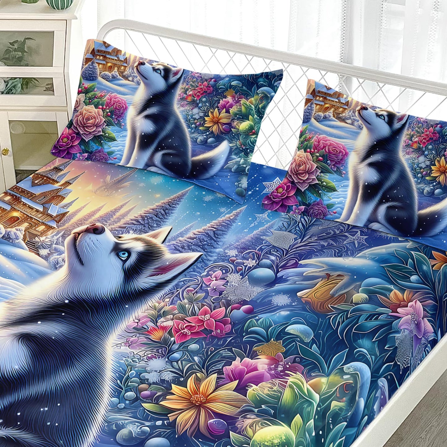 AILONEN Cute Husky Dog Twin Size Fitted Sheet Set - Kawaii Puppy Animal Bedding Bet for Kids Boys Girls - Floral Snow Bed Sheet + 2 Pillowcases - 3Pcs