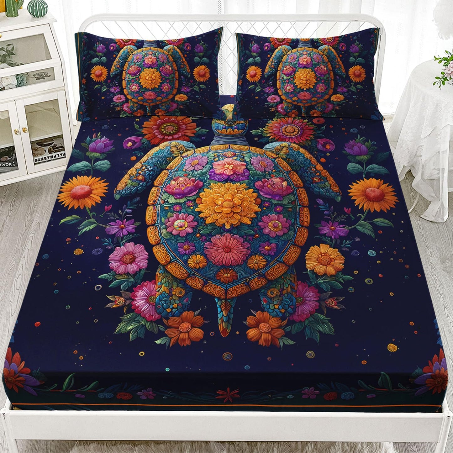 AILONEN Sea Turtle Fitted Sheet Set Twin,Colorful Floral Turtle Bed Sheet Set for Girls Women,Beautiful Flowers Ocean Animal Deep Pocket Sheets with 2 Pillowcases,3-Piece