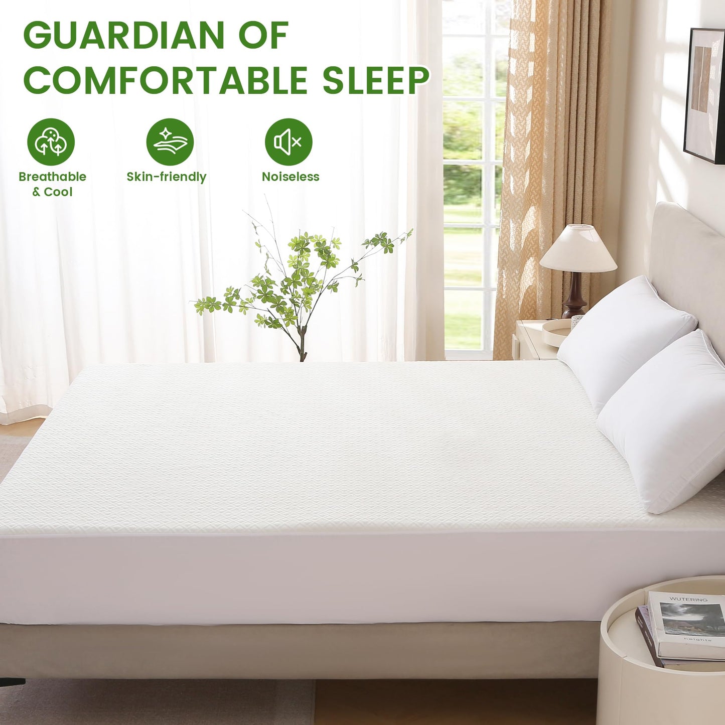 KUUP Waterproof Queen Mattress Protector- Hypoallergenic Odor-Free Rayon Derived from Bamboo, Breathable Cooling 3D Air Noiseless Mattress Cover up to 18" Deep Pockets