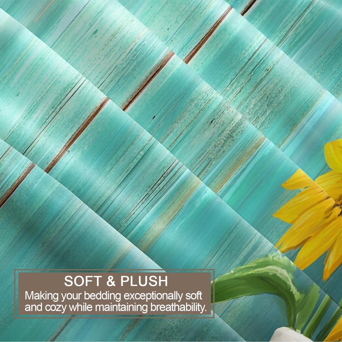PAISUOQ Rustic Bedding Sets, Sunflowers Duvet Cover Queen, Teal Wood Grain Comforter Cover with Zipper Ties, 3 Pieces with 2 Pillowcases, Home Decor & Gifts