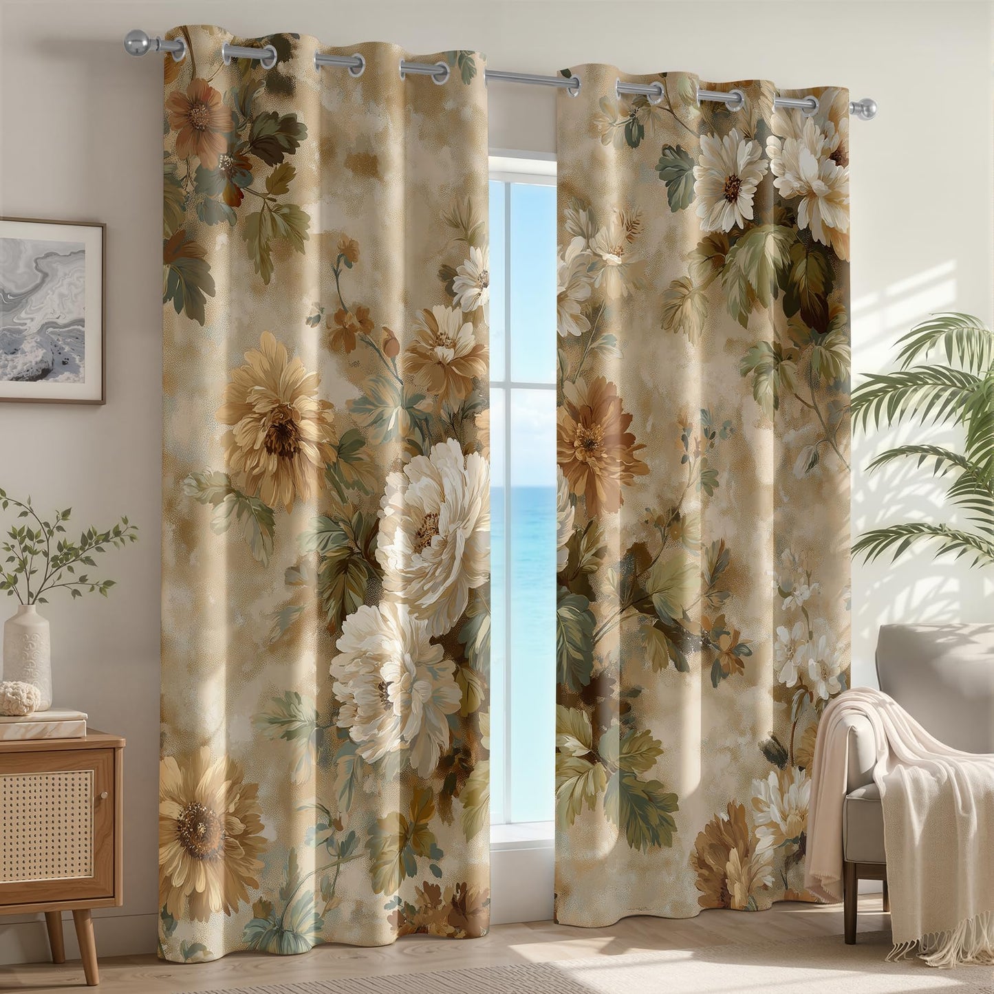Vintage Floral Patterned Curtains Blackout, Thermal Insulated Room Darkening Grommet Drapes for Bedroom Living Room, 108 Inch Curtains 2 Panel Set, Distressed Peony Flower Shabby Chic Treatments