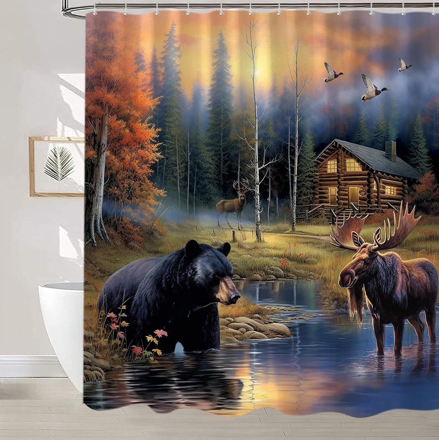 Sanzugh Rustic Bear Shower Curtain, Country Moose Deer Cabin Fabric Shower Curtains Set for Bathroom Lake Lodge Duck Farmhouse Decoration with Hooks 60 X 72 inch Bath Decor
