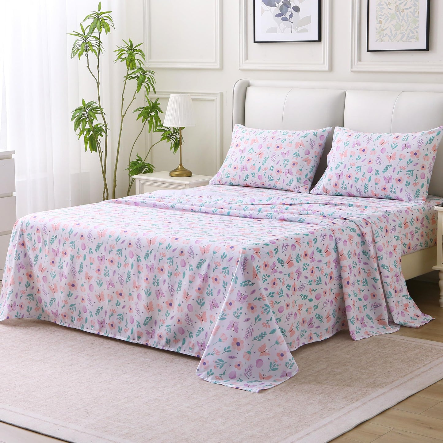 Viviland Floral Twin Sheet Set - 3 Piece Pink-Purple Butterfly & Flower Botanical Patterned Bed Sheets - Soft, Breathable Microfiber Sheets with Deep Pocket, Non-Slip Fitted Sheets & Pillowcases