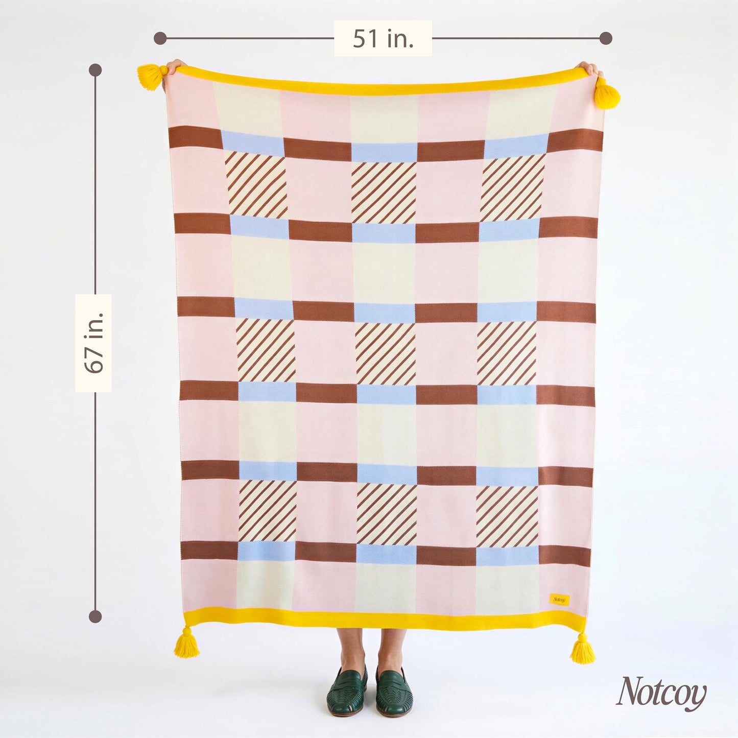 notcoy Knit Throw Blanket with Corner Tassels, Super-Soft Lightweight Acrylic Blanket for Couch Sofa and Bed, Decorative All Seasons Throw, 51x67 Inch - Pink & Brown Checkered