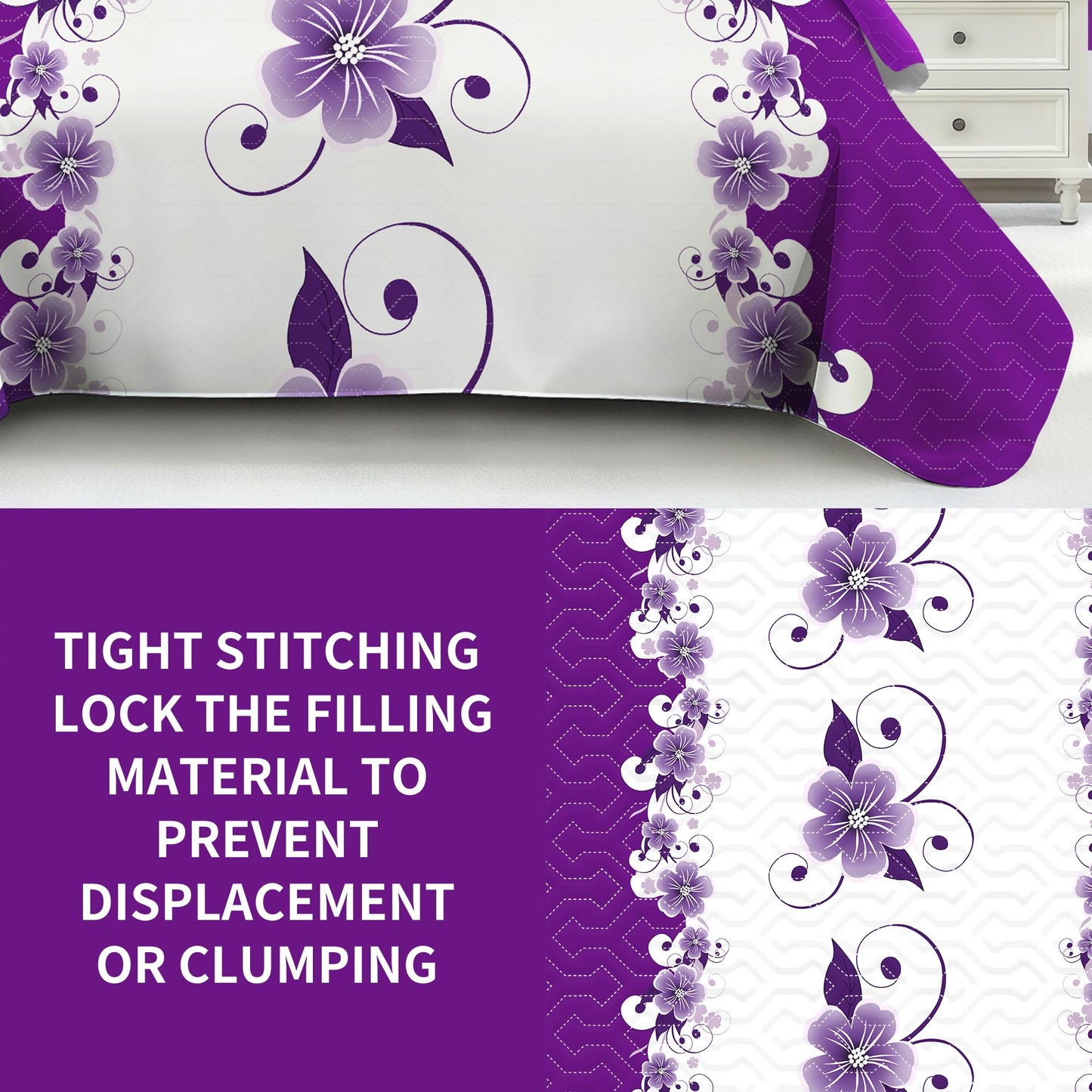 Deepsleep King Bedspread Set 9 Pieces, All Season Luxury Bed in a Bag for Bedroom, with 2 Pillowcases and 6 Curtains, Ultra-Soft Microfiber for Complete Bedroom Decor, Purple Gardenia Flower