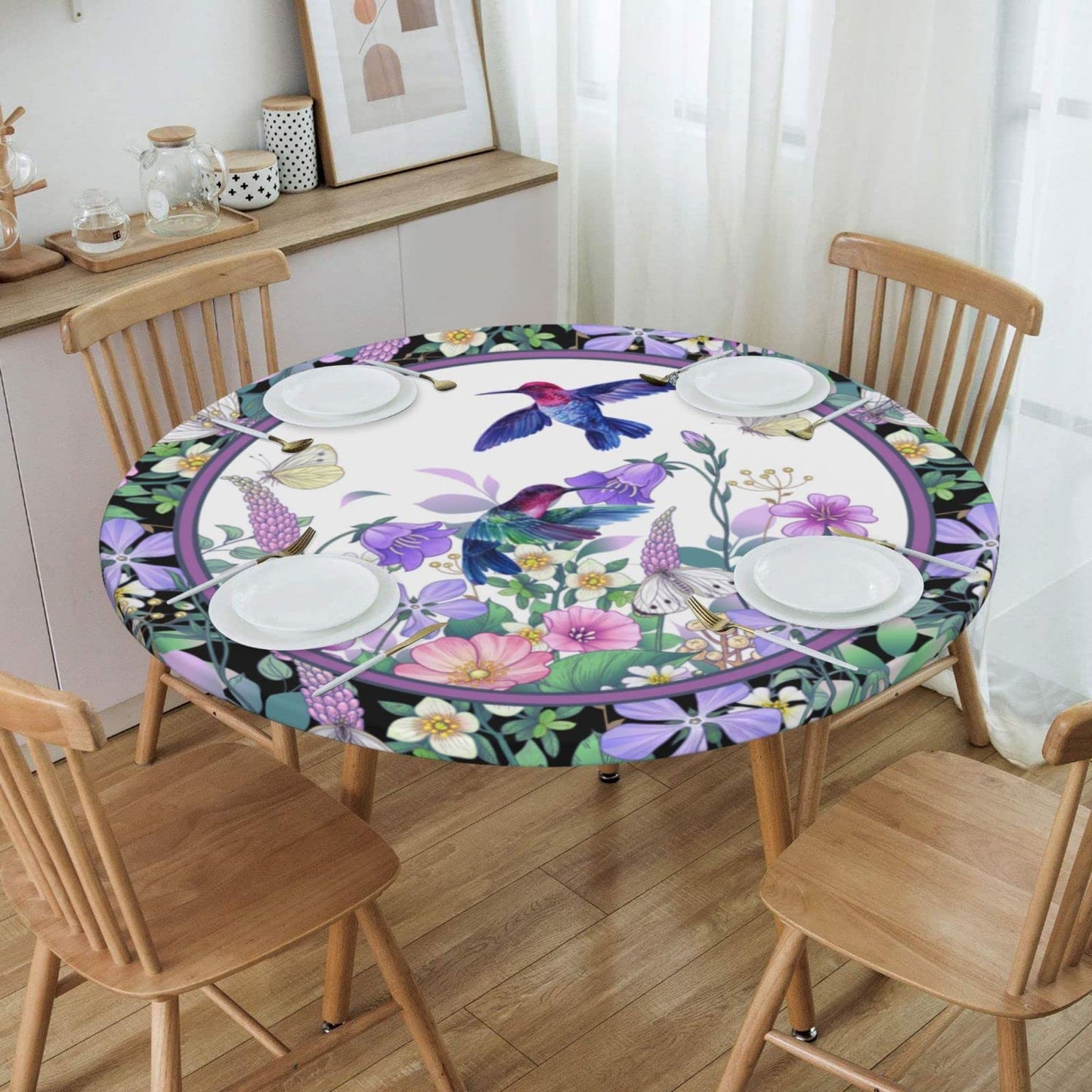 Hummingbird Flower Tablecloths Elastic Fitted Tablecloth Round Table Cover for Dining Party Indoor Outdoor 45-50 inch