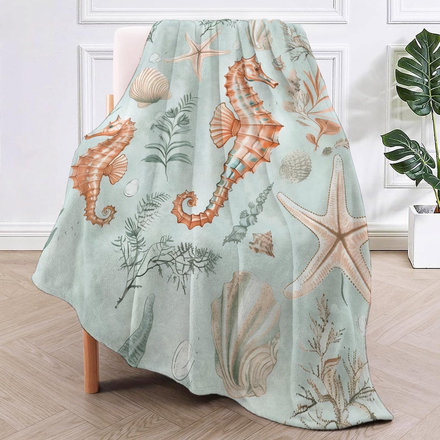 TRYYN Coastal Seahorse Throw Blanket for Couch Picnic Camping Bedroom Decor, Marine Coral Starfish Shells Seaweed, Super Soft Cozy Warm Fluffy Fleece Blankets Gifts for Kids Adults, 60x50 Inch