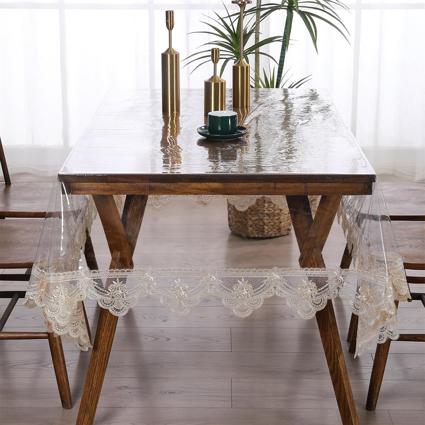 Rakila Clear Plastic Rectangle Tablecloth Vinyl Waterproof Table Cloth Embroidered Lace Edge Transparent Table Cover for Dining Kitchen Outdoor(60 x 98 inch, Coffee Style 2)