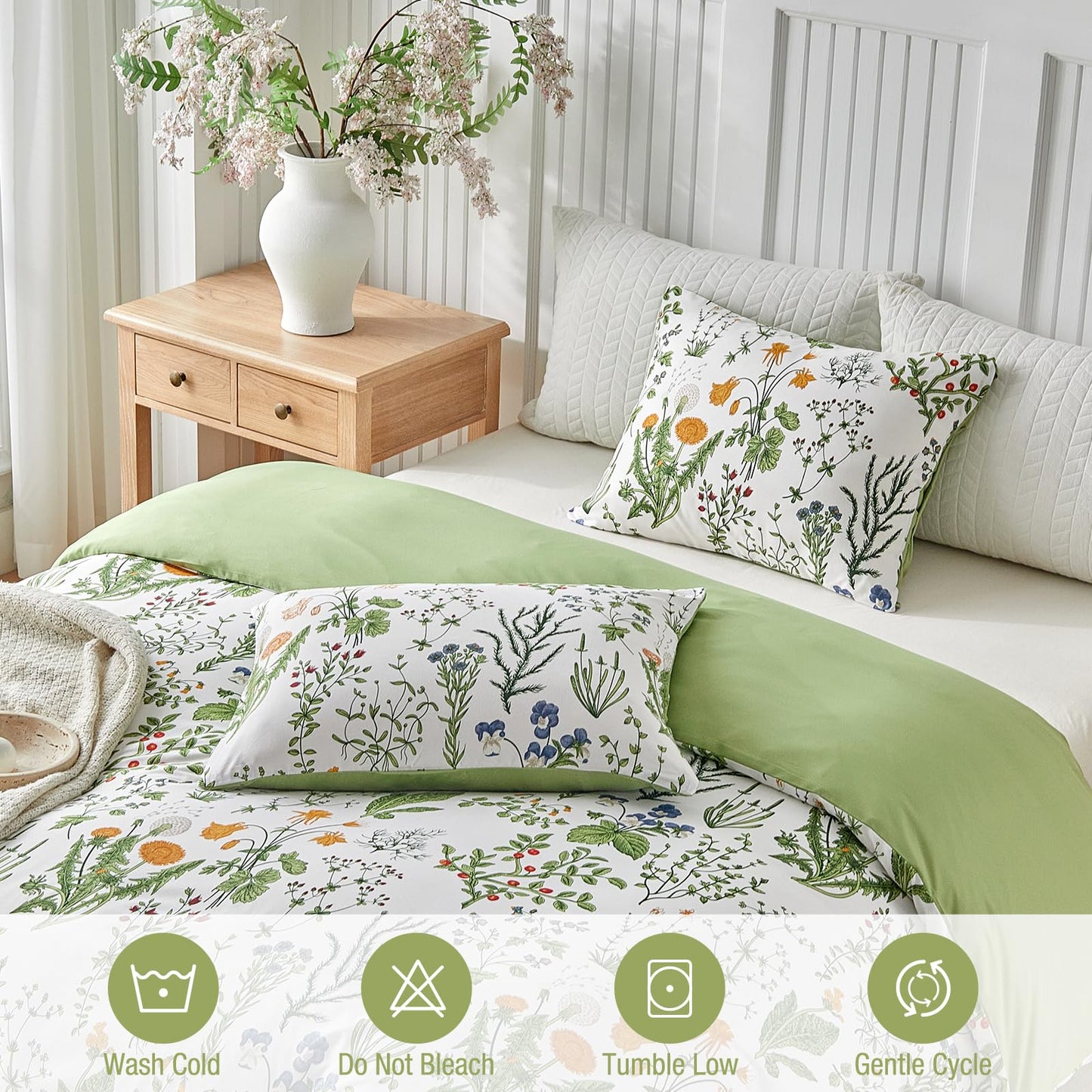 Lekesky King Size Duvet Cover Set, Lightweight Soft Microfiber Comforter Cover, Reversible Duvet Cover King with Floral Pattern, 3 Pieces Green Bedding Set with Zipper and 2 Pillowcases