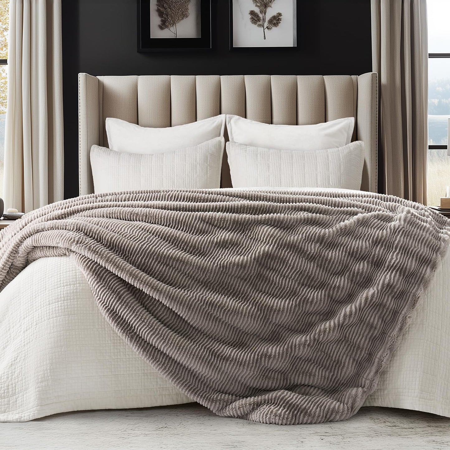 EVERGRACEHOME Ultra Soft Faux Fur Throw Blanket for Couch, Luxury Sculpted Texture Faux Rabbit Fur Blanket for Bed, Fluffy Thick Plush Warm Fuzzy Throw, 920GSM (Taupe, 50''x60'')