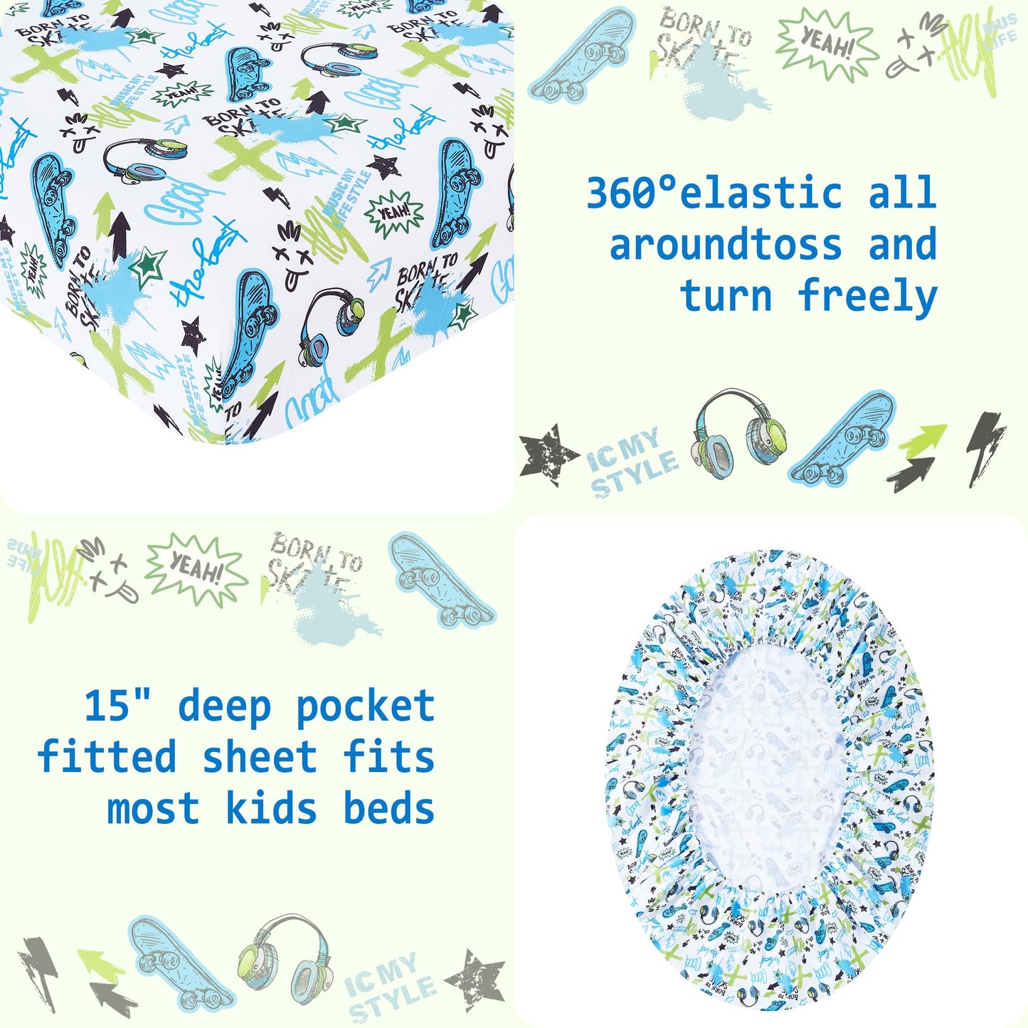 Softan Kids Bed Sheet Set, 3-Piece Twin Sheets Set, Microfiber Fitted Sheet with Corner Straps, Breathable & Silky Soft Trendy Skateboard Graffiti Printed Sheet and Pillowcase Sets