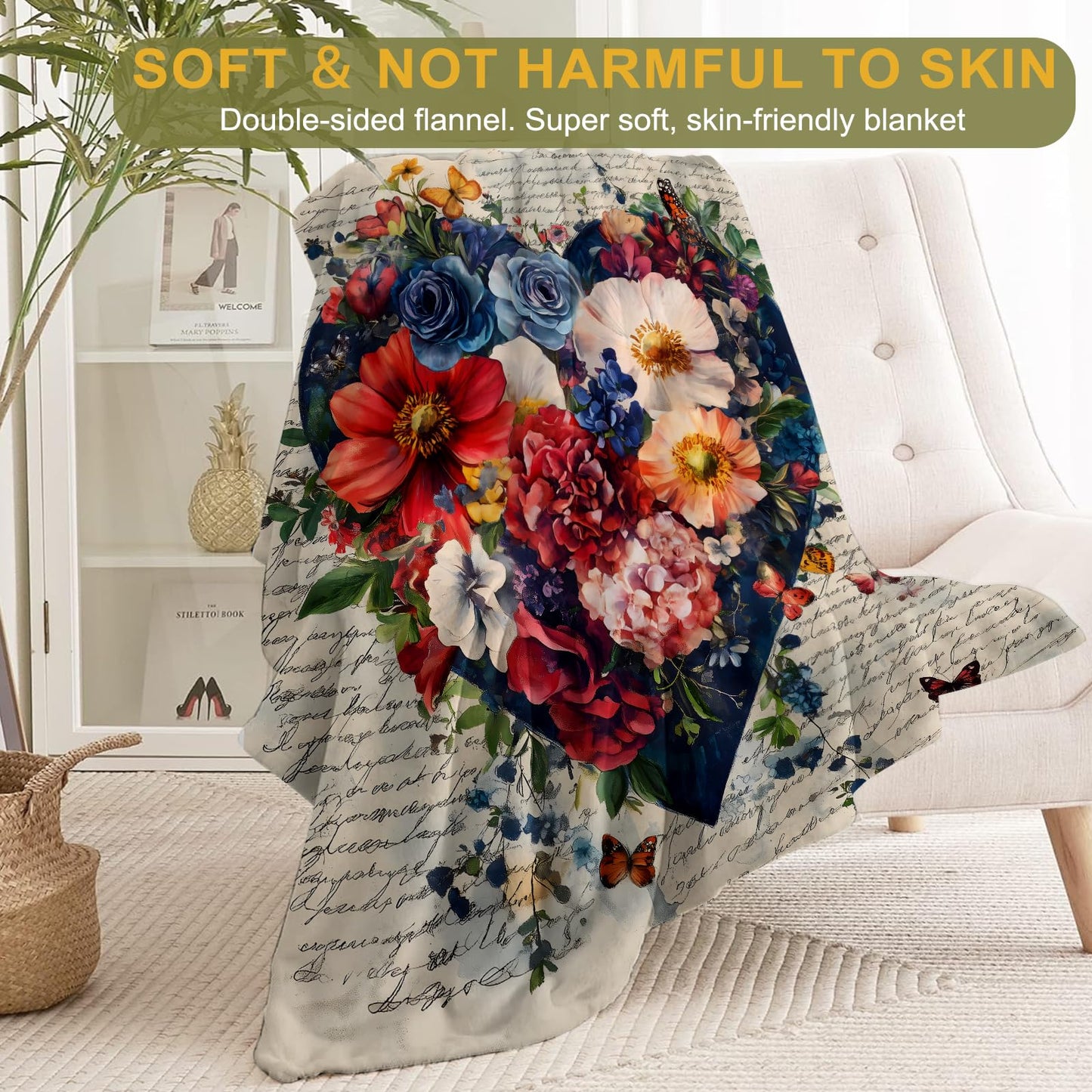 ainori Heart of Love Flannel Blanket - Romantic Floral with Lush Blooms and Words Throw - Soft Cozy Gifts Blankets for Flower Lovers & Kids Women, Romantic Romm Decor, and Elegant Home Accent 50x60in