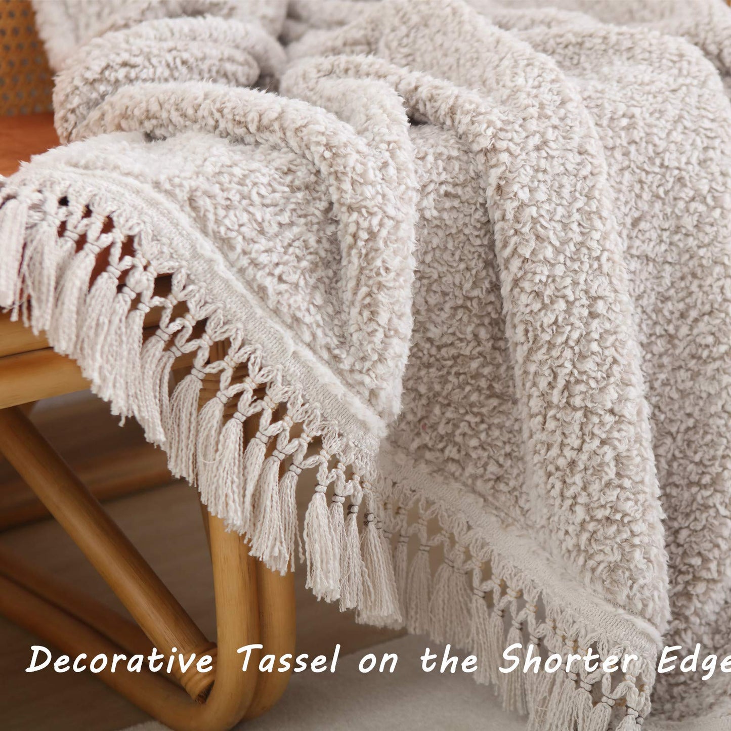Ultra Soft Cozy Sherpa Throw Blanket with Tassel, Light Weight Warm Decorative 2 Tones Ombre Light Brown Pattern Reversible Boho Style Blanket for Sofa, Couch, Bedroom,Travel, 50”x60”
