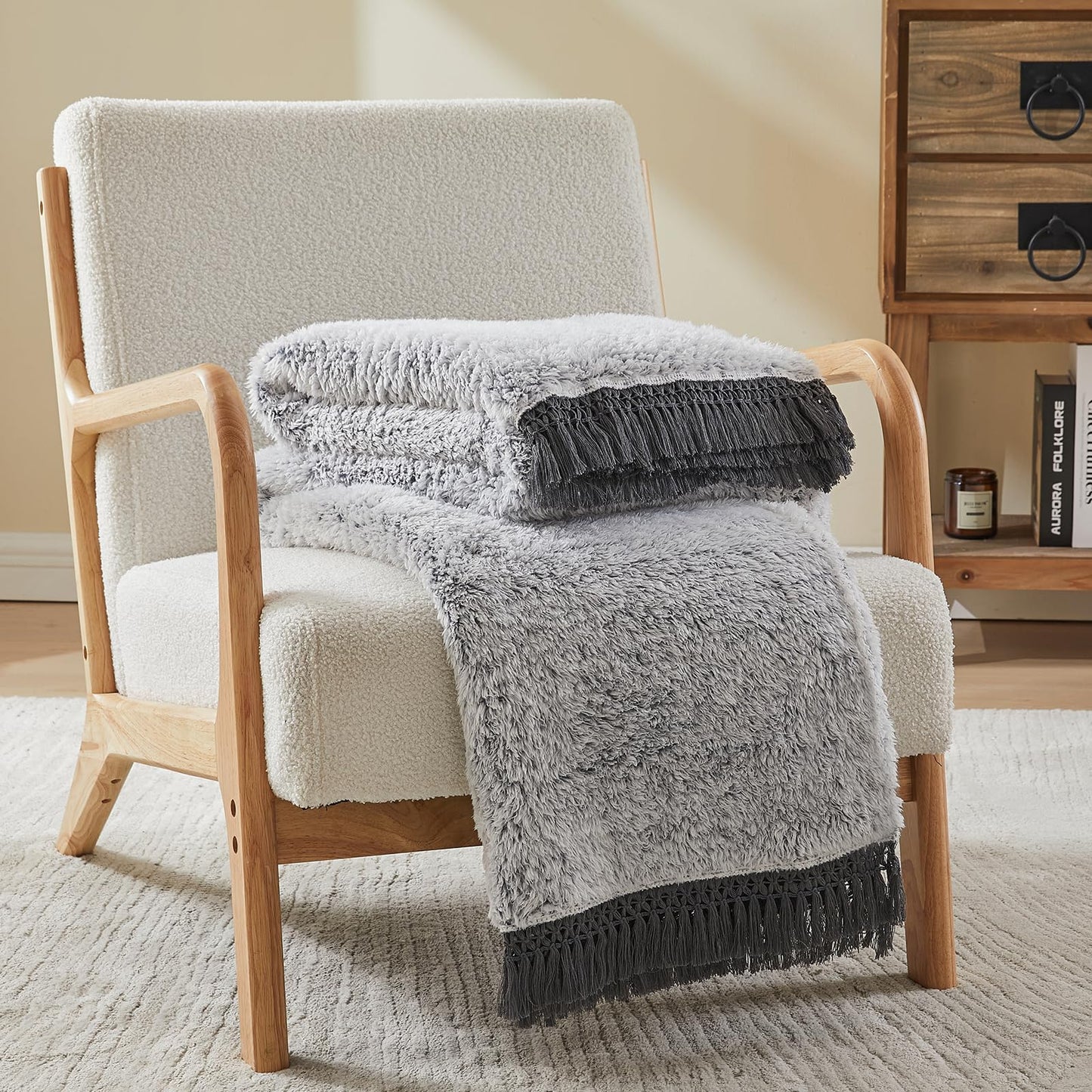 EMME Soft Sherpa Fleece Blanket with Tassel, Reversible Plush Fluffy Large Blanket, Light Weight Warm Decorative Boho Blanket Cover for Sofa, Couch, Bedroom,Travel(Tassel Grey,90"x90")