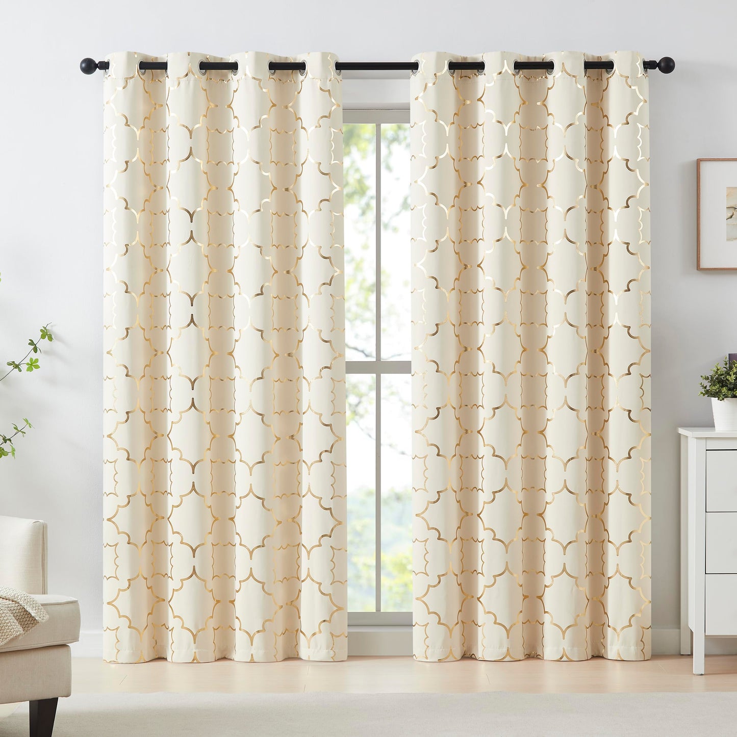 Purainbow Beige Blackout Curtain Panels for Bedroom 84" Gold Foil Moroccan Metallic Print Energy Efficient Drapes for Bedroom Living Room, Thermal Insulated Window Treatments Grommet Top 2 Panels