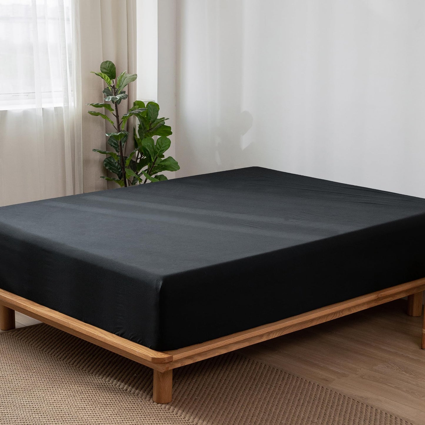 MooMee Fitted Bottom Sheet Only 100% Washed Cotton Linen Like Textured Breathable Durable Soft Comfy Deep Pocket Fits Mattress up to 17" (Black, Queen)
