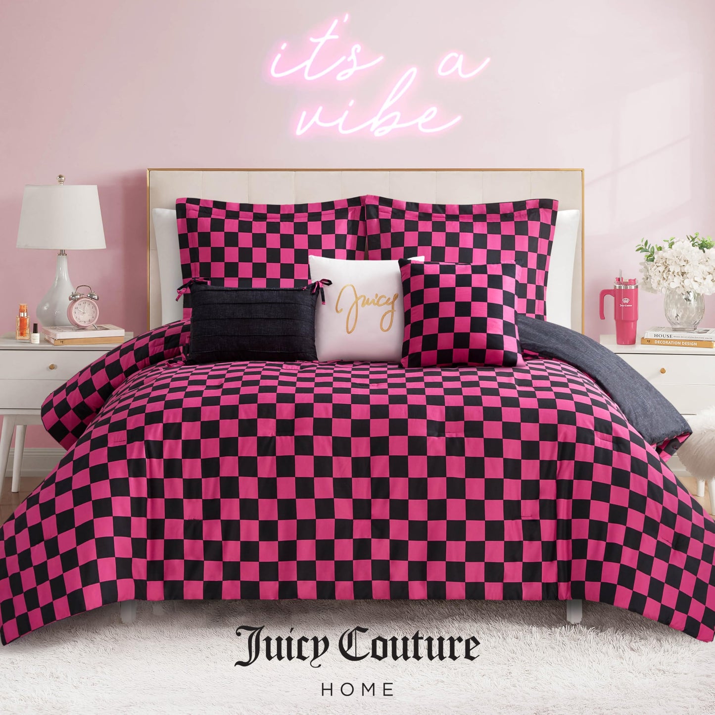 Juicy Couture Reversible Checkerboard Comforter Set 6-Piece Full/Queen Set, Black/Hot Pink