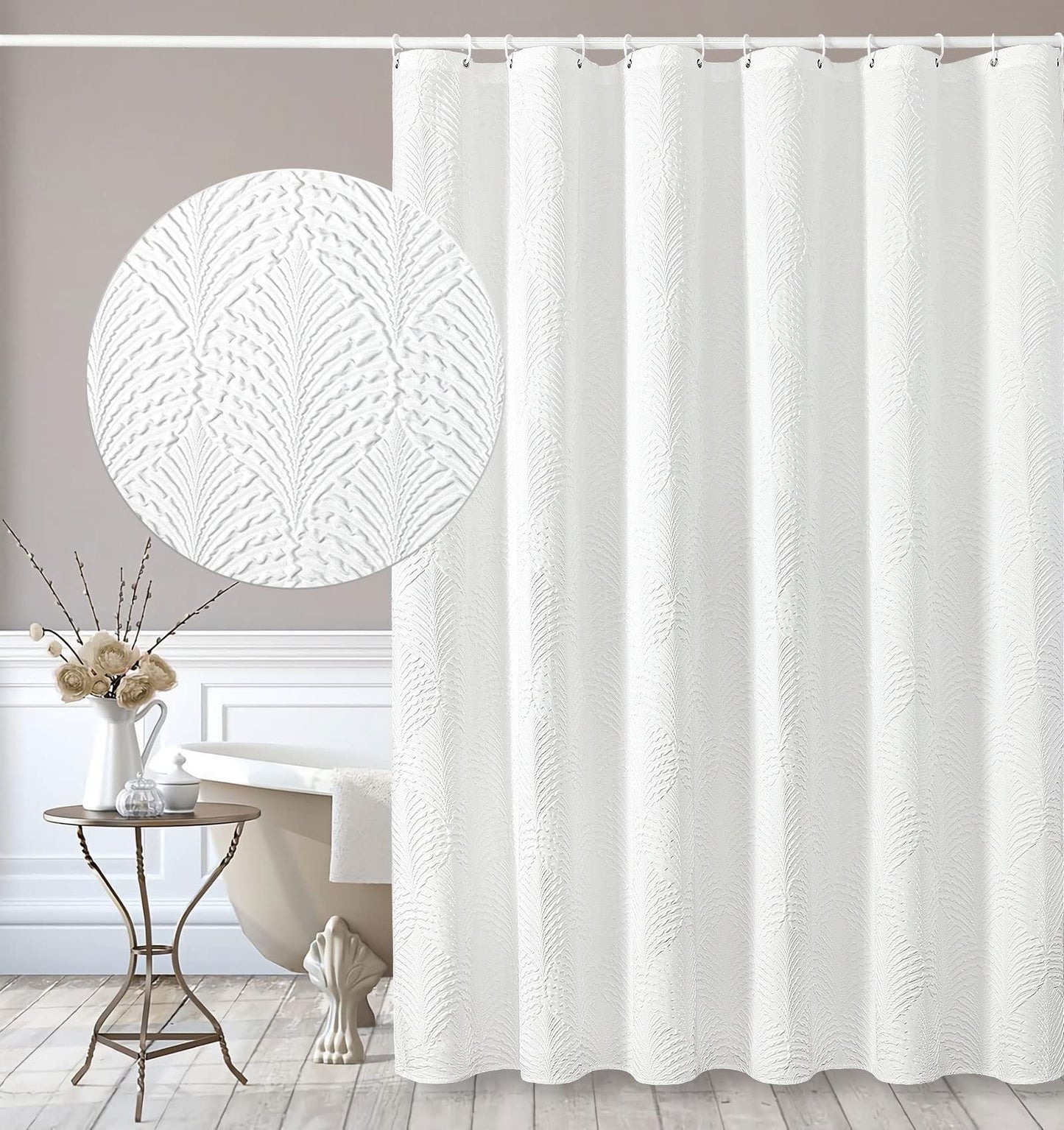 Gibelle White Shower Curtain for Bathroom, 3D Embossed Textured Fabric Shower Curtain, Modern Farmhouse Chic Soft Cloth Shower Curtain Set, 72x72