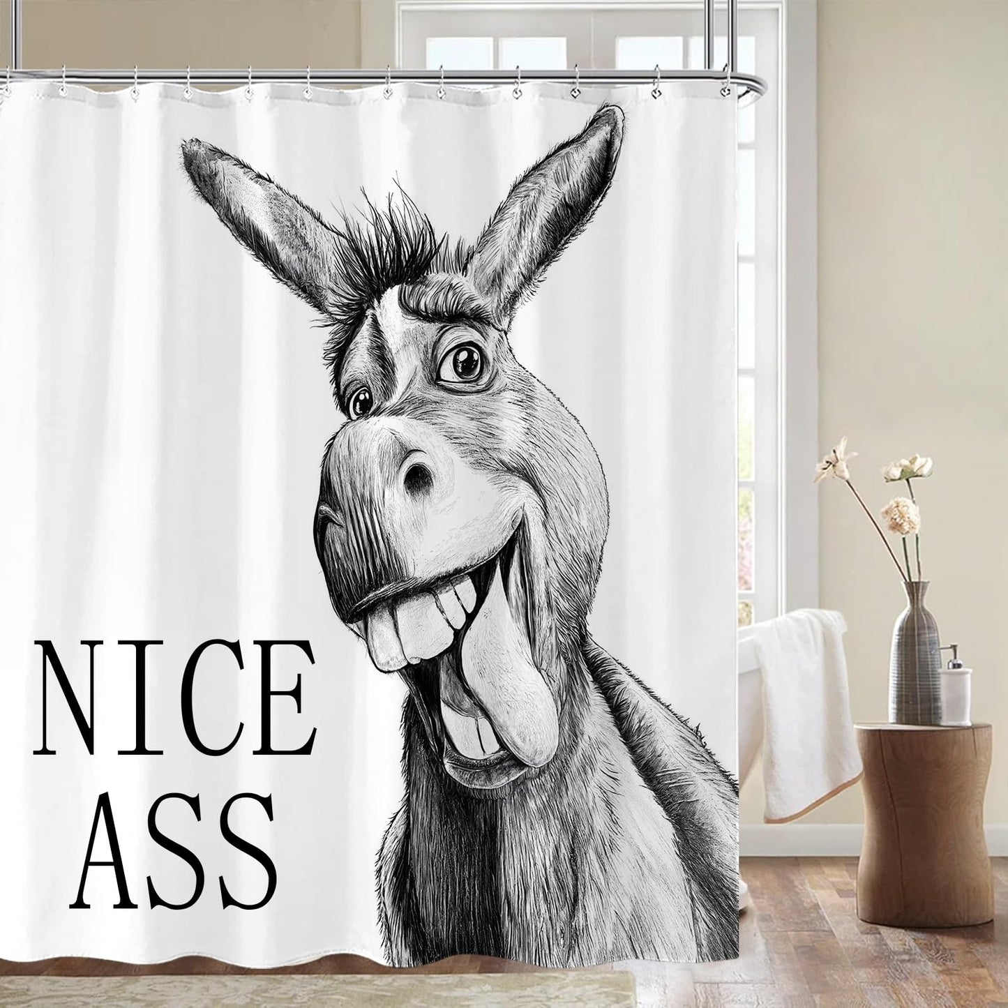 Zussun Funny Donkey Shower Curtain Rustic Farmhouse Shower Curtains for Bathroom Black and White Fun Cute Animal Wildlife Waterproof Fabric Bath Curtain Decor 72 X 72 Inch